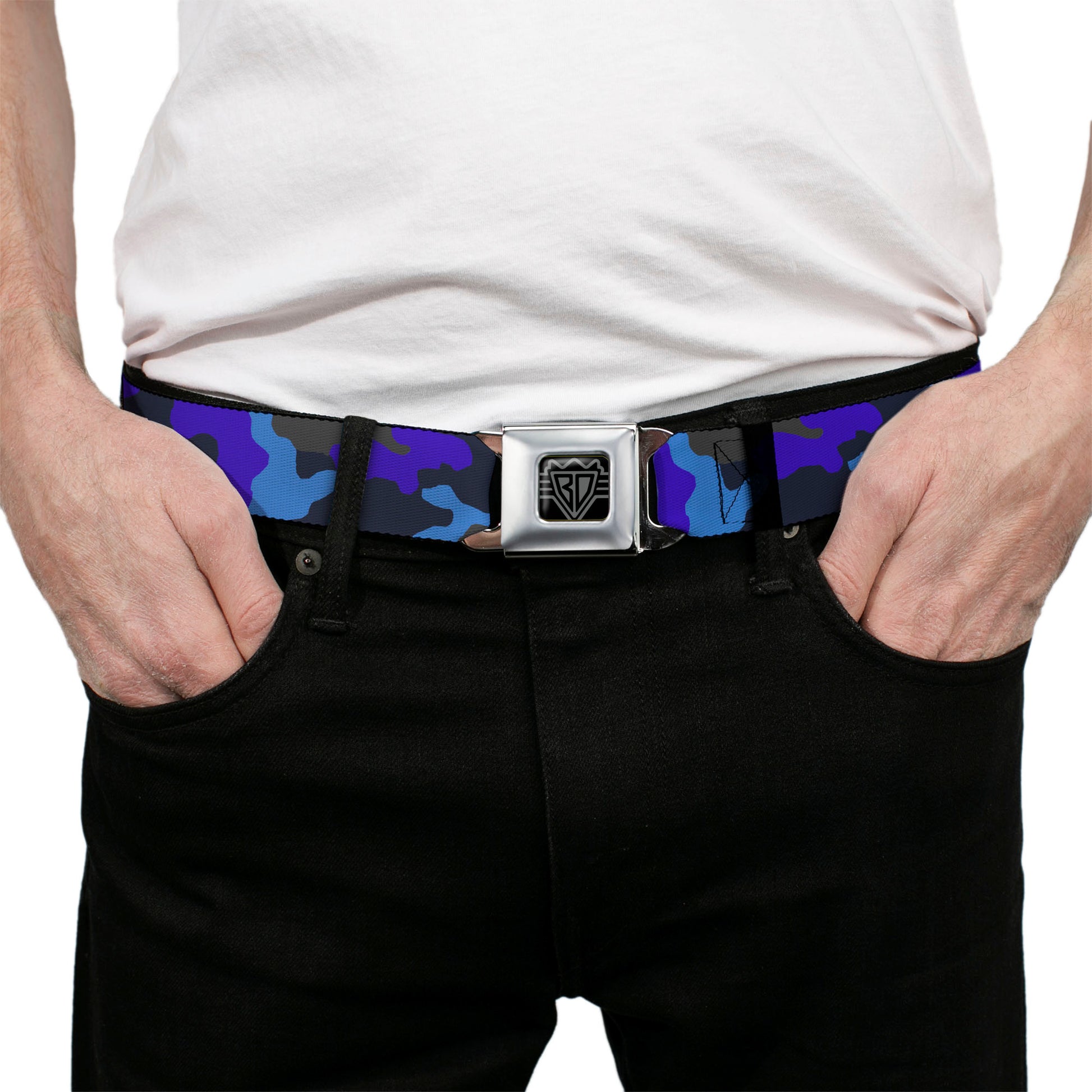 BD Wings Logo CLOSE-UP Full Color Black Silver Seatbelt Belt - Camo Blue Webbing Seatbelt Belts Buckle-Down