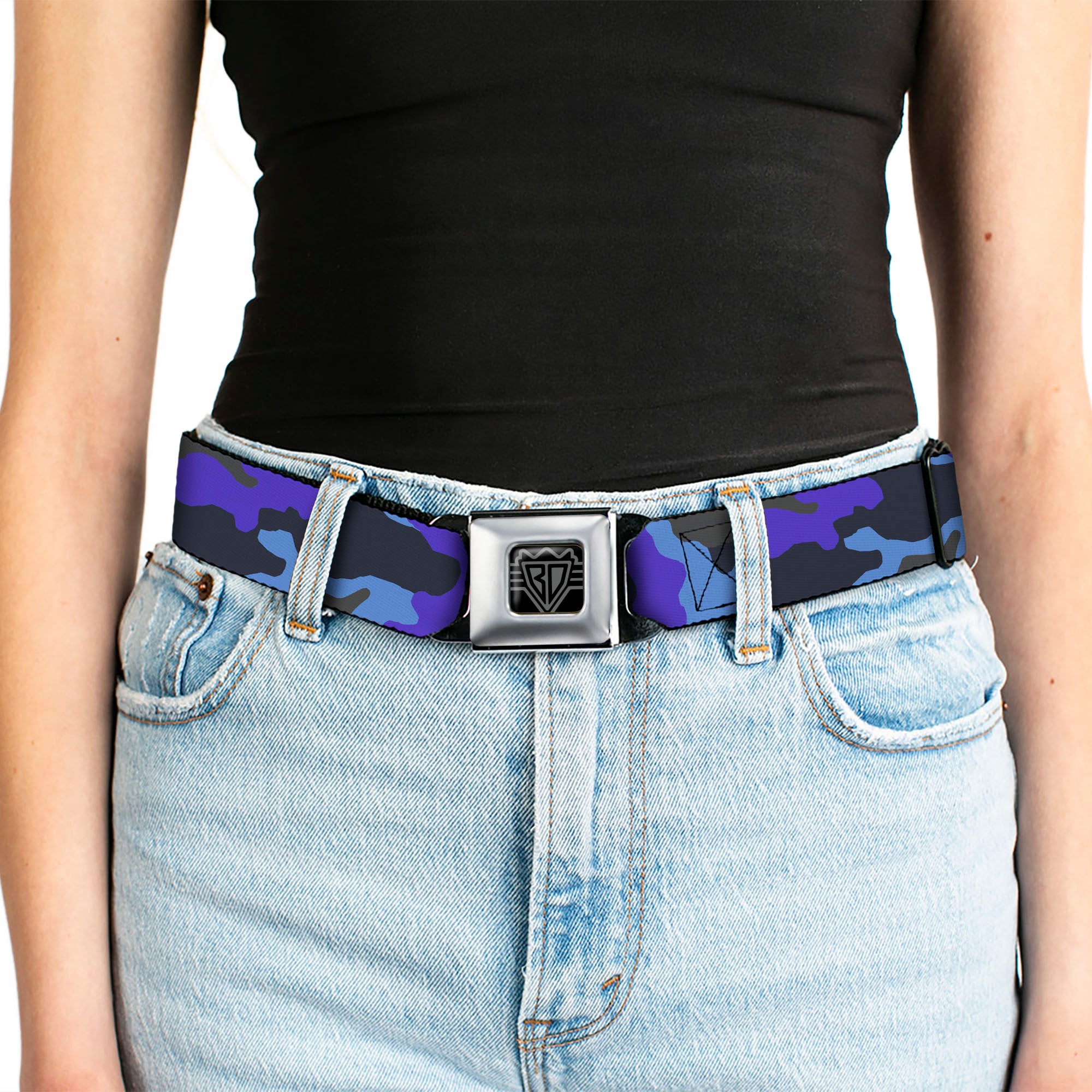 BD Wings Logo CLOSE-UP Full Color Black Silver Seatbelt Belt - Camo Blue Webbing Seatbelt Belts Buckle-Down