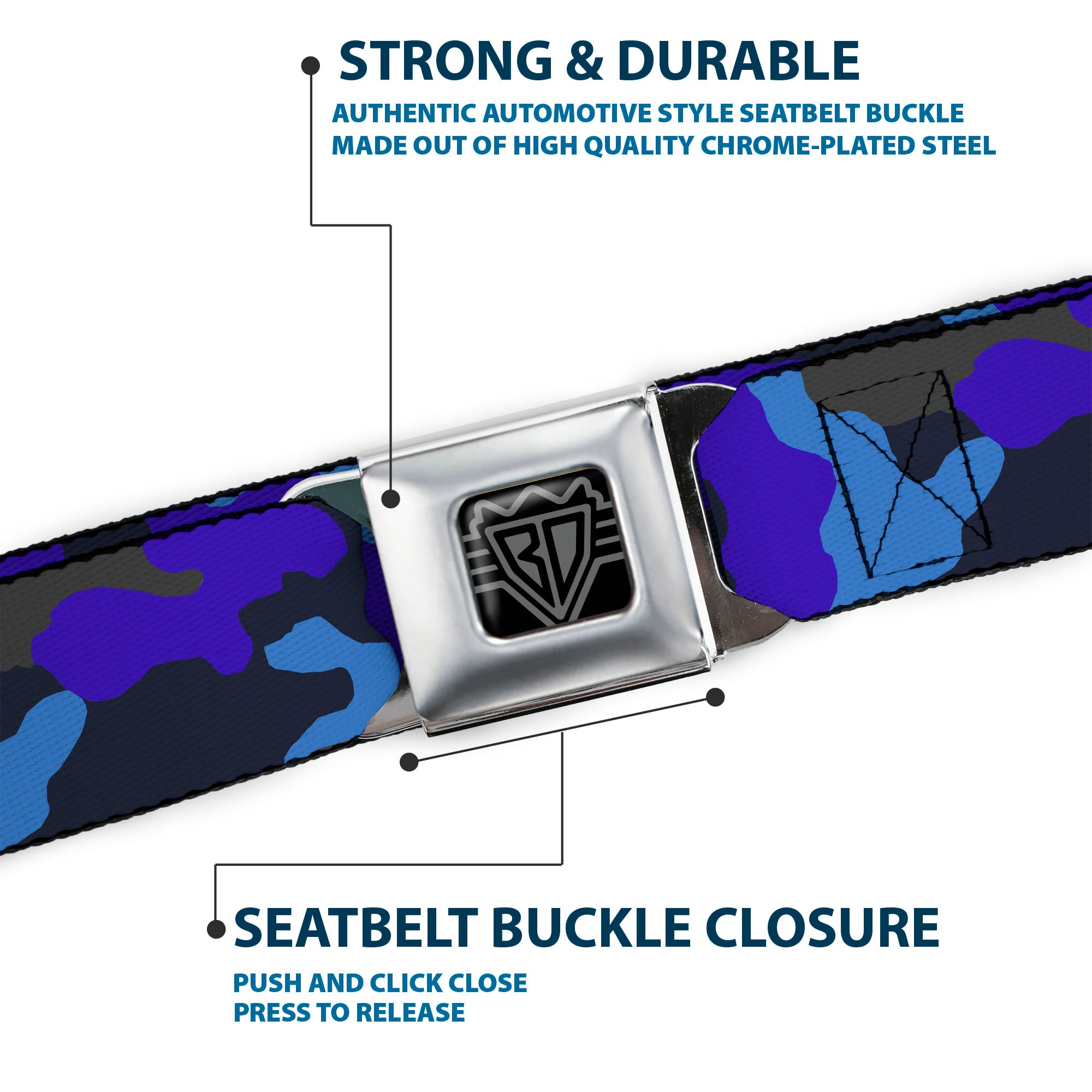 BD Wings Logo CLOSE-UP Full Color Black Silver Seatbelt Belt - Camo Blue Webbing Seatbelt Belts Buckle-Down