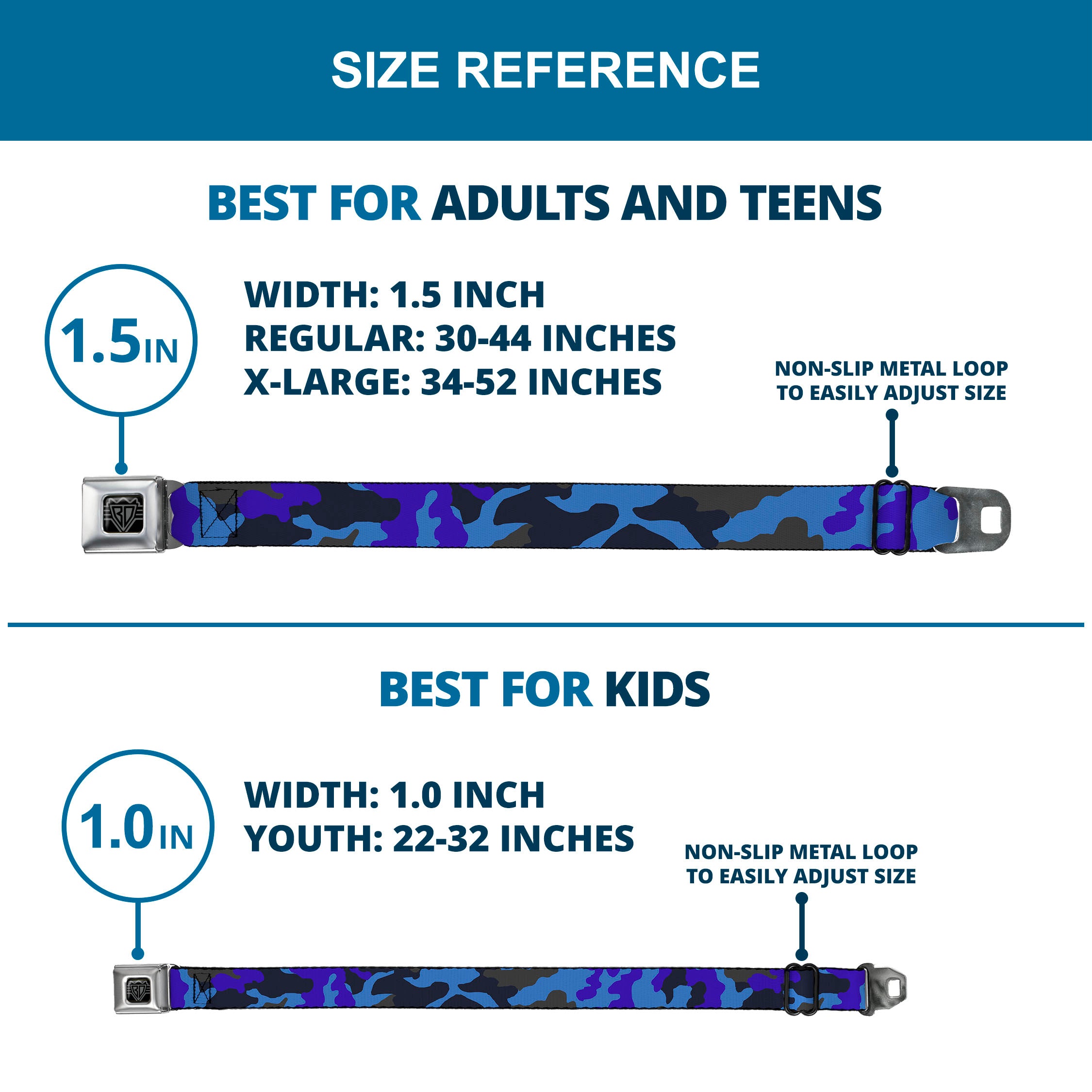 BD Wings Logo CLOSE-UP Full Color Black Silver Seatbelt Belt - Camo Blue Webbing Seatbelt Belts Buckle-Down