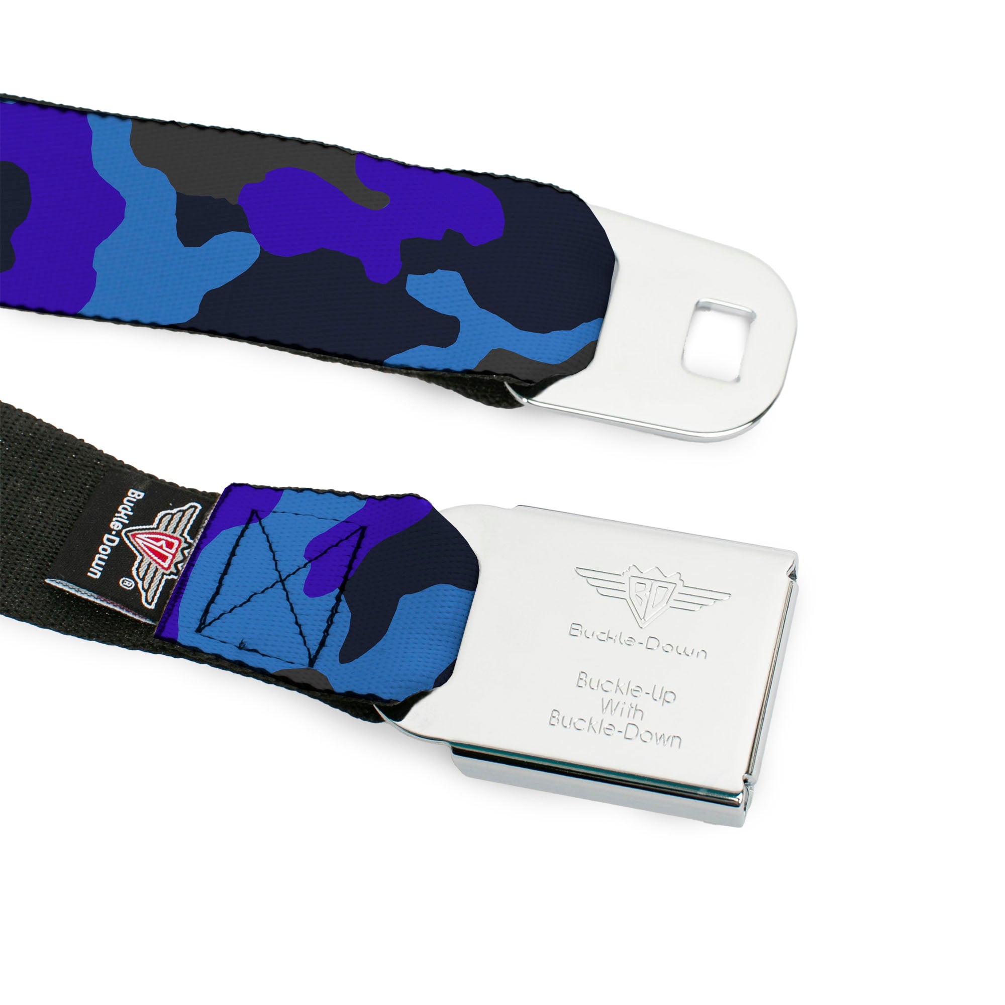 BD Wings Logo CLOSE-UP Full Color Black Silver Seatbelt Belt - Camo Blue Webbing Seatbelt Belts Buckle-Down