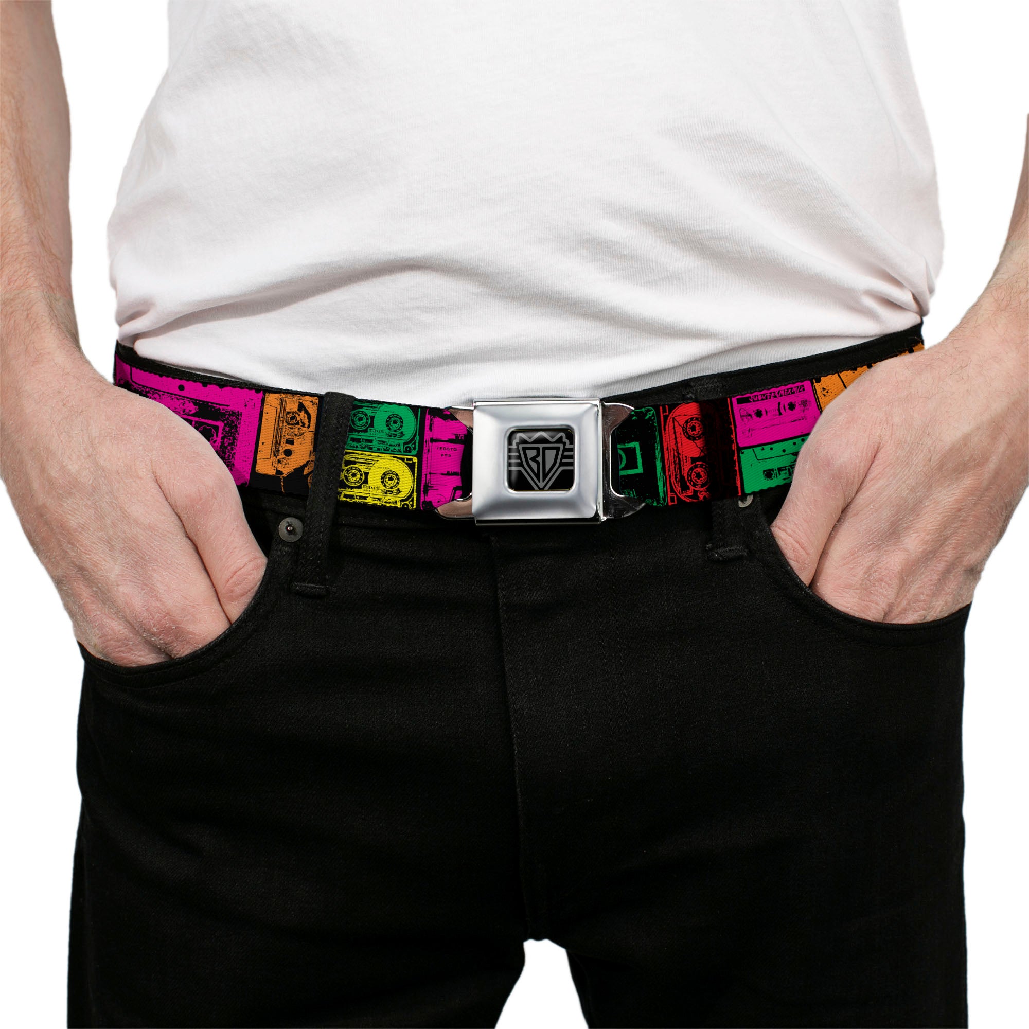 BD Wings Logo CLOSE-UP Black/Silver Seatbelt Belt - Cassette Tapes Black/Multi Neon Webbing Seatbelt Belts Buckle-Down