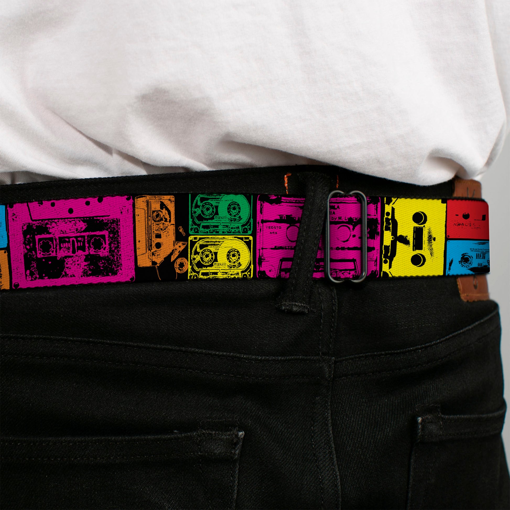 BD Wings Logo CLOSE-UP Black/Silver Seatbelt Belt - Cassette Tapes Black/Multi Neon Webbing Seatbelt Belts Buckle-Down