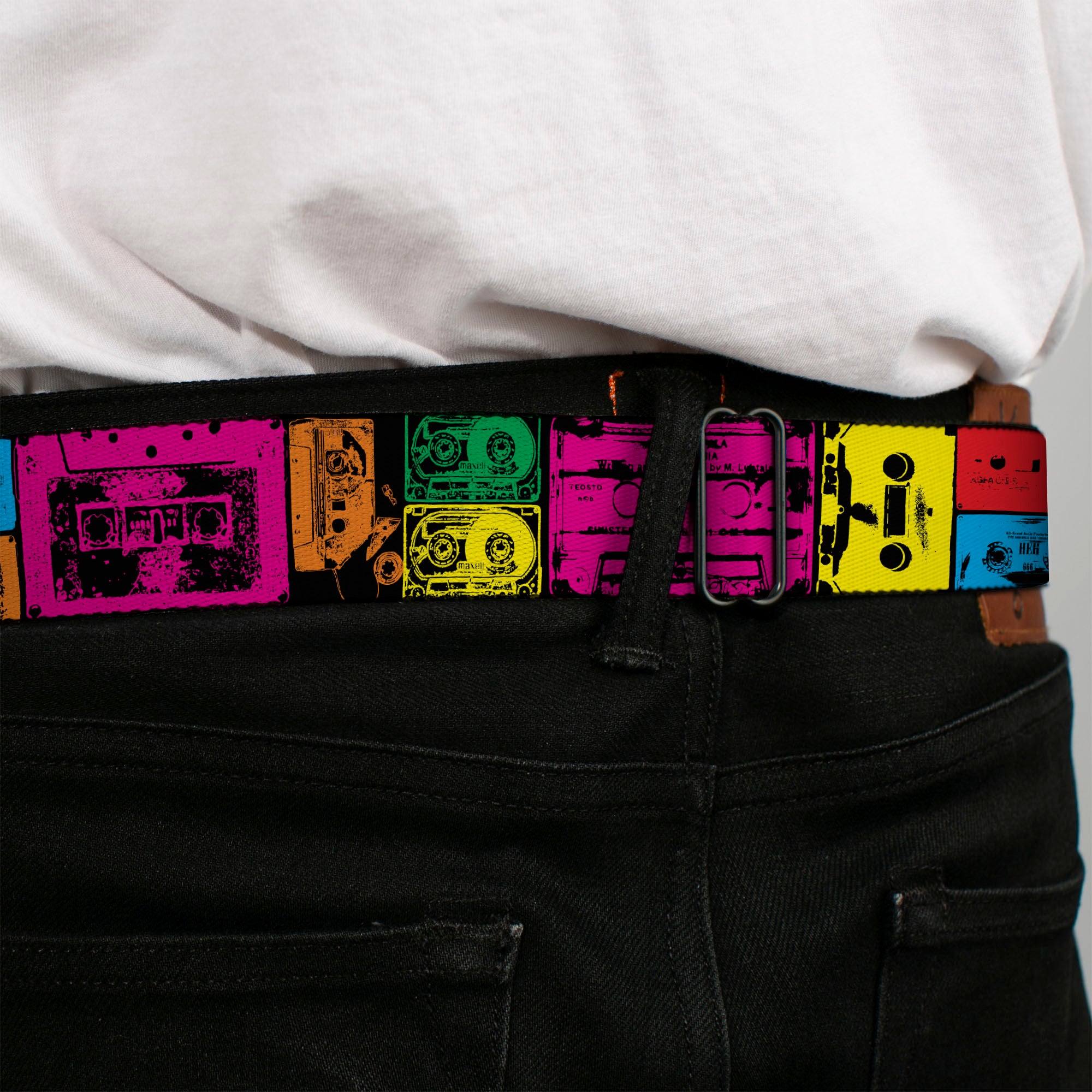 BD Wings Logo CLOSE-UP Black/Silver Seatbelt Belt - Cassette Tapes Black/Multi Neon Webbing Seatbelt Belts Buckle-Down