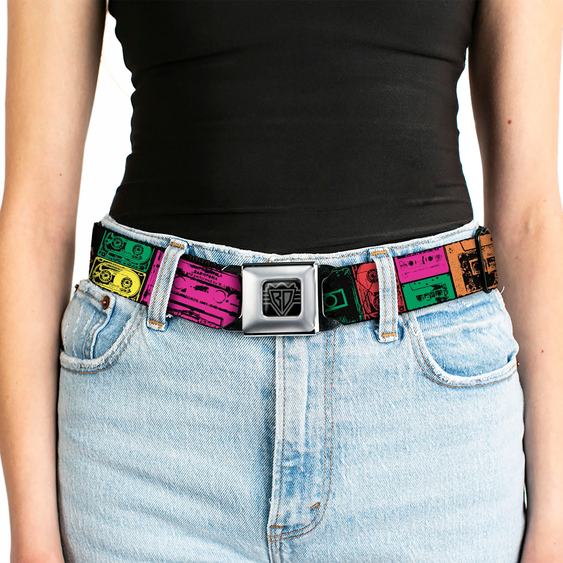 BD Wings Logo CLOSE-UP Black/Silver Seatbelt Belt - Cassette Tapes Black/Multi Neon Webbing Seatbelt Belts Buckle-Down