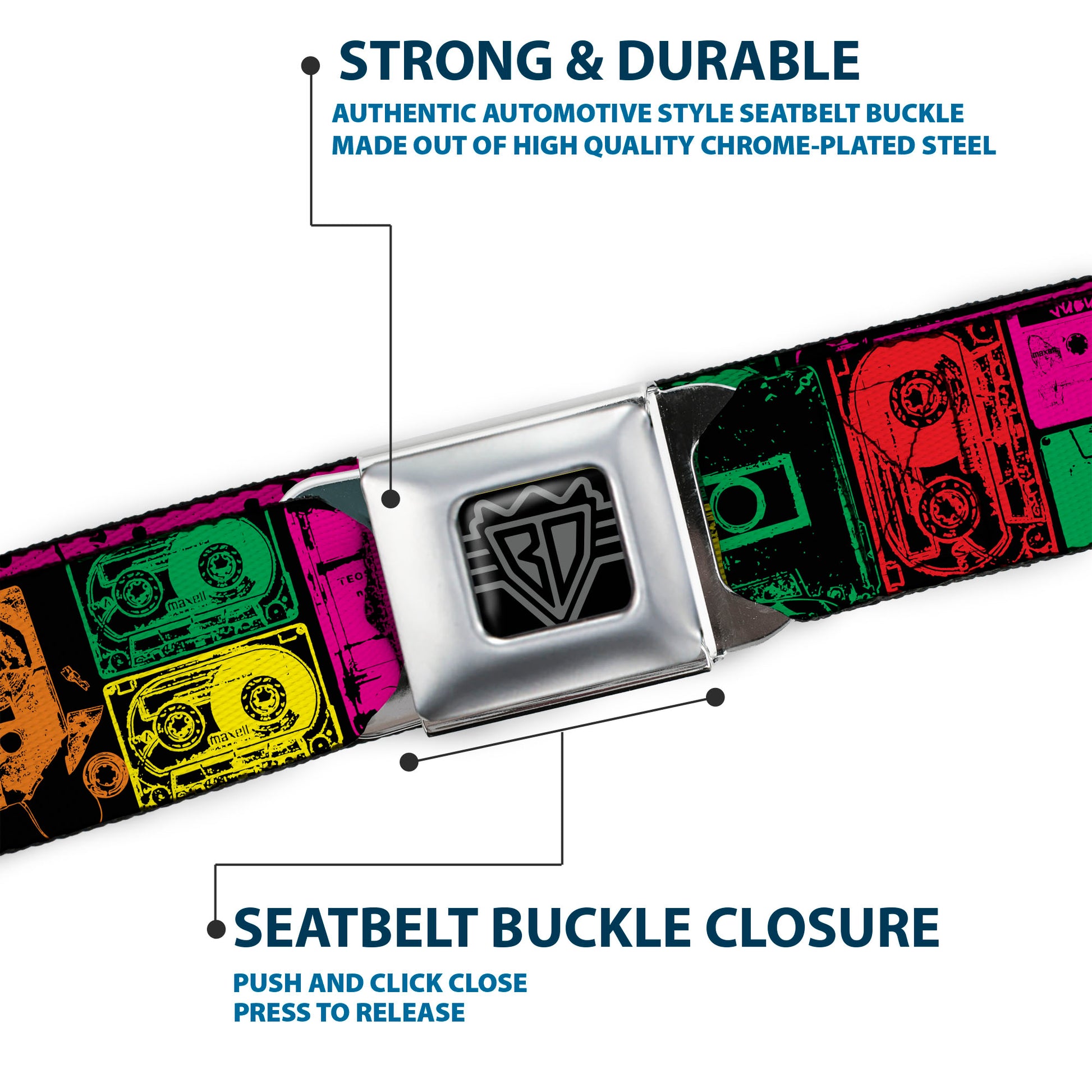 BD Wings Logo CLOSE-UP Black/Silver Seatbelt Belt - Cassette Tapes Black/Multi Neon Webbing Seatbelt Belts Buckle-Down
