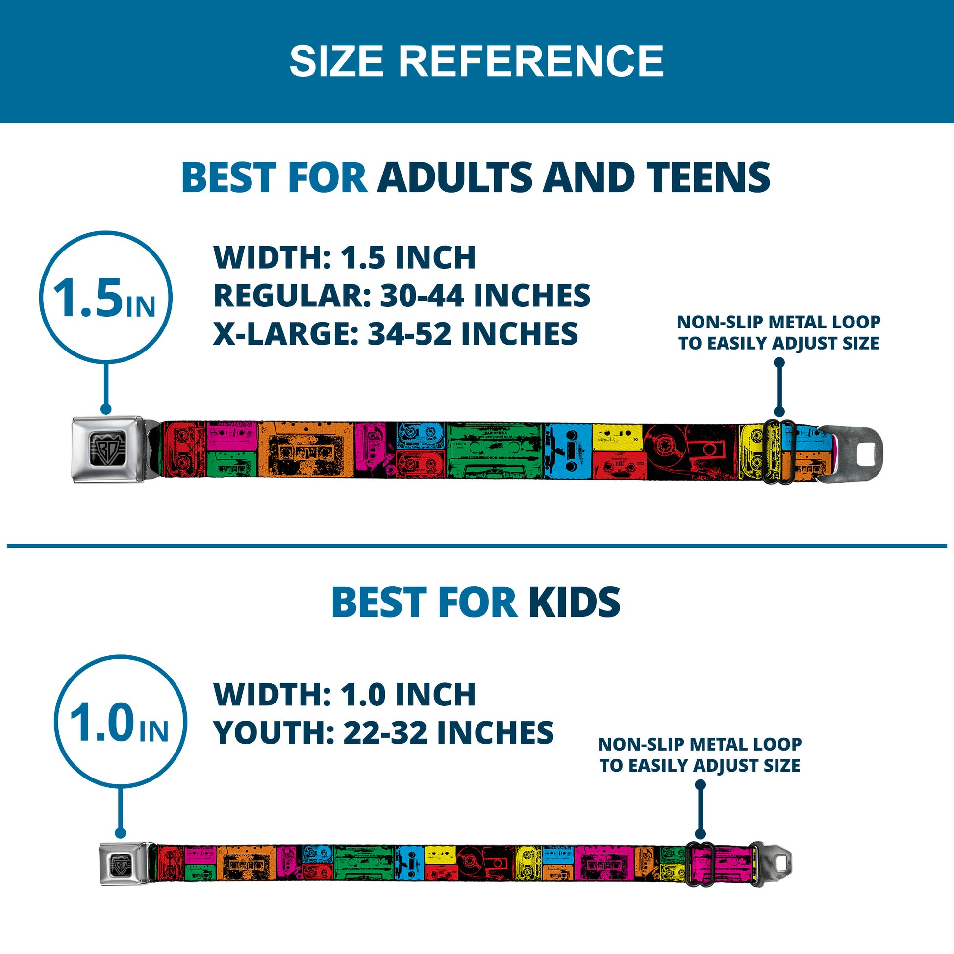 BD Wings Logo CLOSE-UP Black/Silver Seatbelt Belt - Cassette Tapes Black/Multi Neon Webbing Seatbelt Belts Buckle-Down