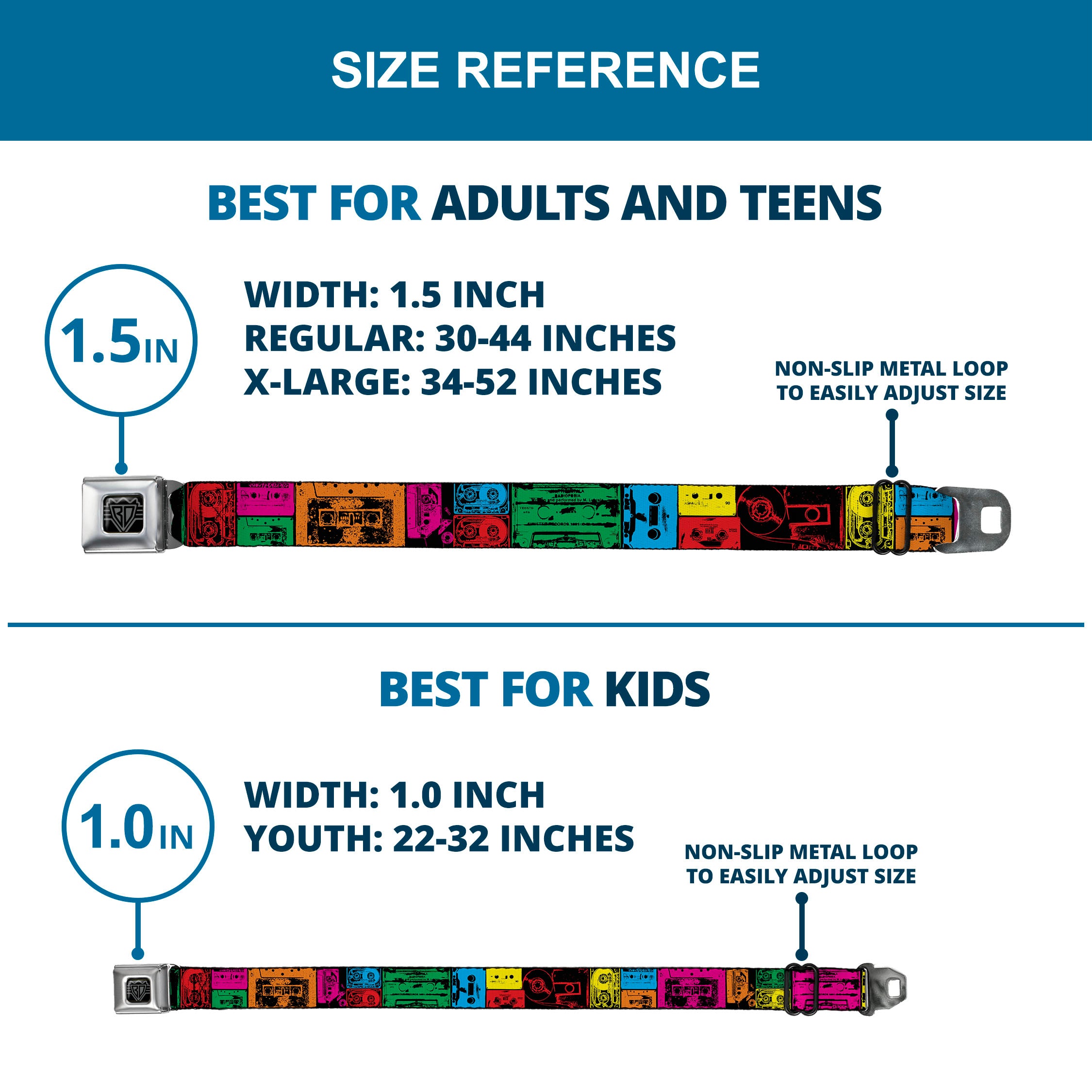 BD Wings Logo CLOSE-UP Black/Silver Seatbelt Belt - Cassette Tapes Black/Multi Neon Webbing Seatbelt Belts Buckle-Down