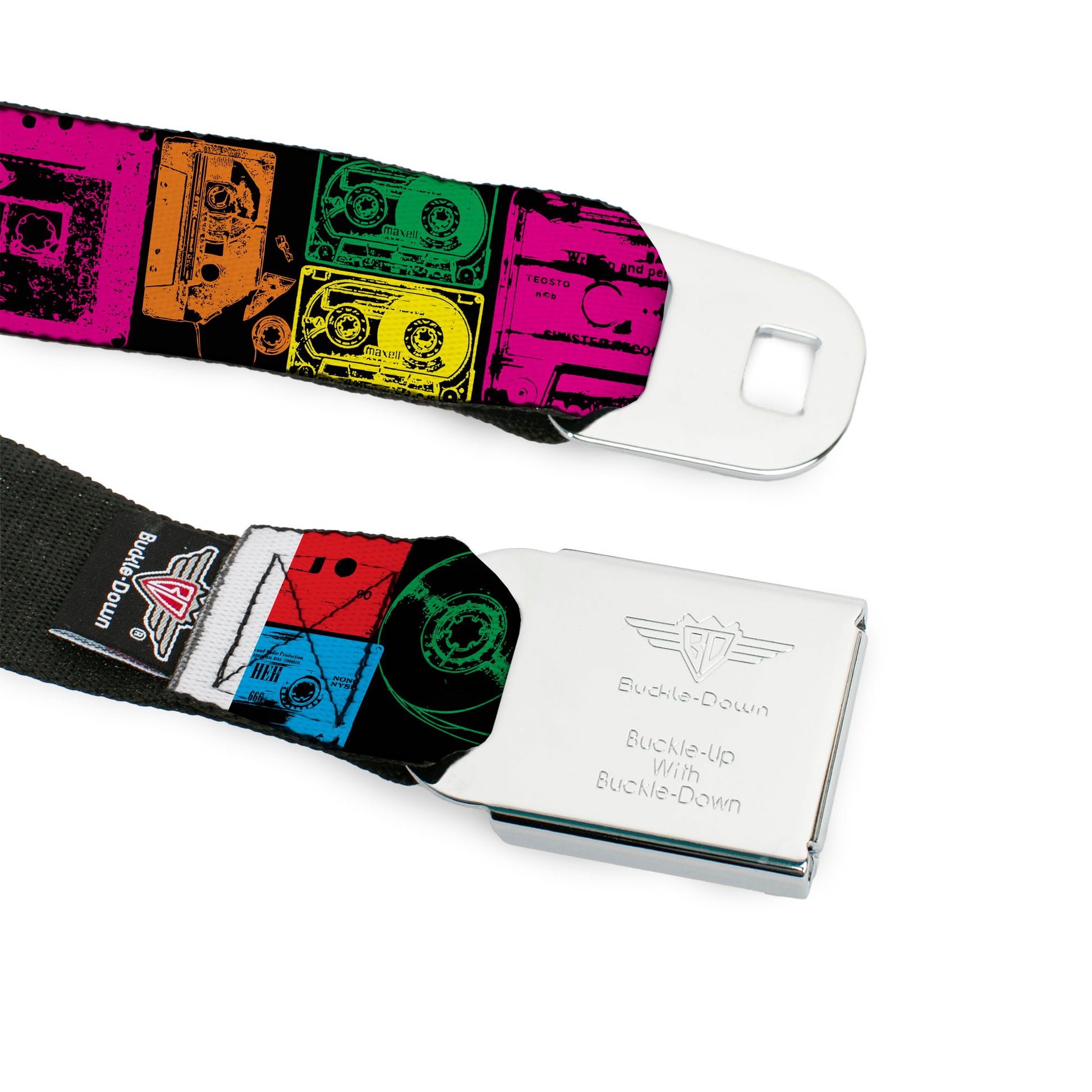 BD Wings Logo CLOSE-UP Black/Silver Seatbelt Belt - Cassette Tapes Black/Multi Neon Webbing Seatbelt Belts Buckle-Down