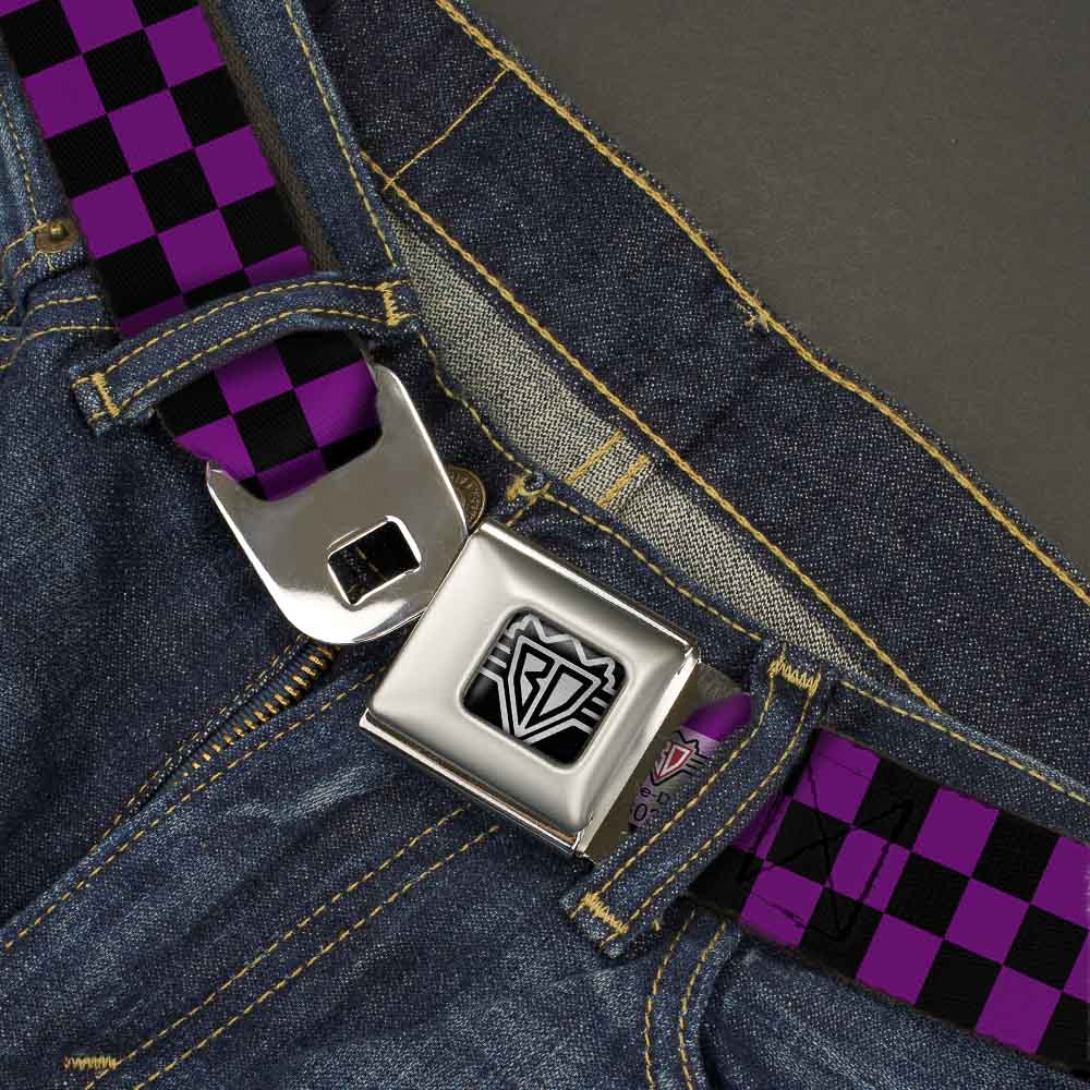 BD Wings Logo CLOSE-UP Full Color Black Silver Seatbelt Belt - Checker Black/Purple Webbing Seatbelt Belts Buckle-Down