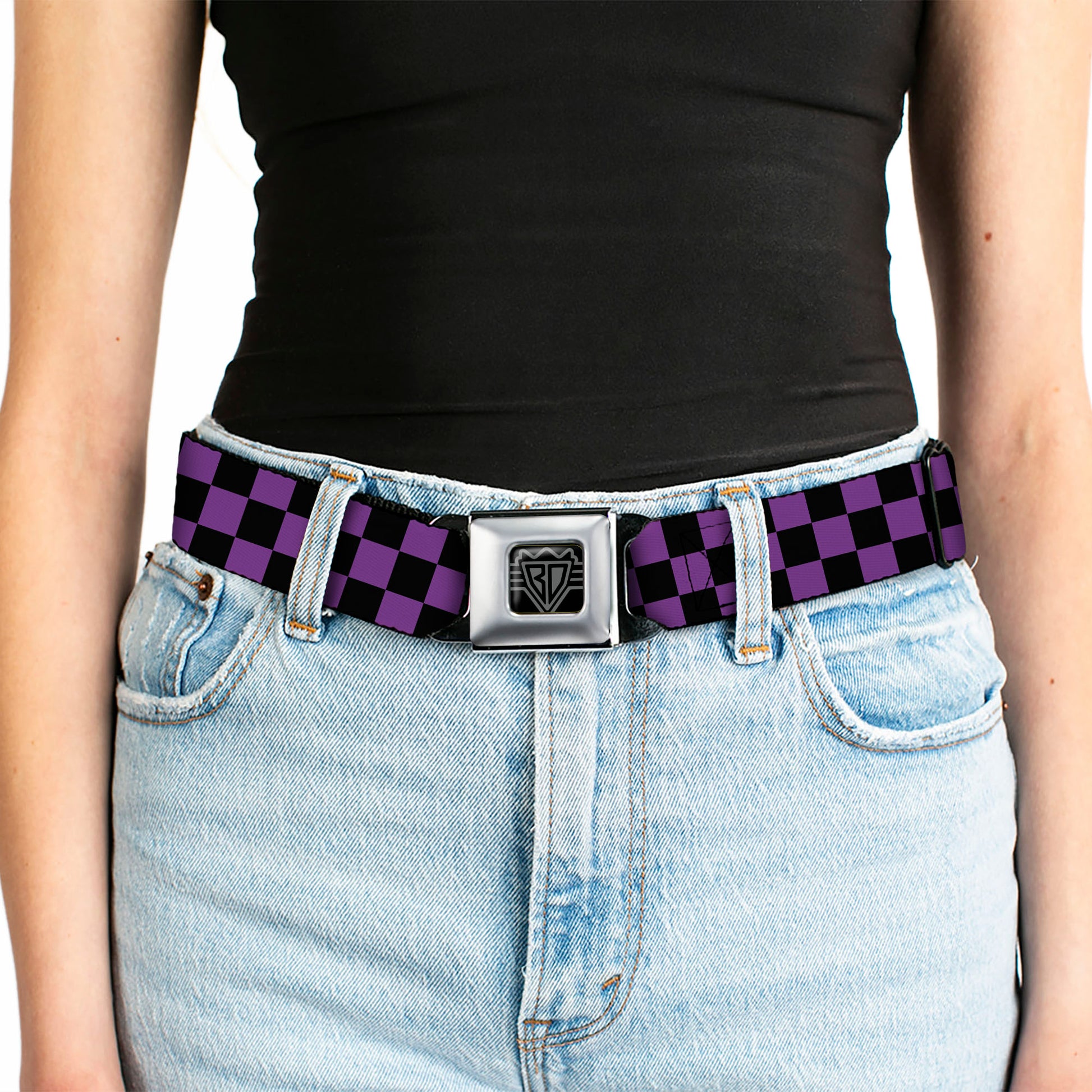 BD Wings Logo CLOSE-UP Full Color Black Silver Seatbelt Belt - Checker Black/Purple Webbing Seatbelt Belts Buckle-Down