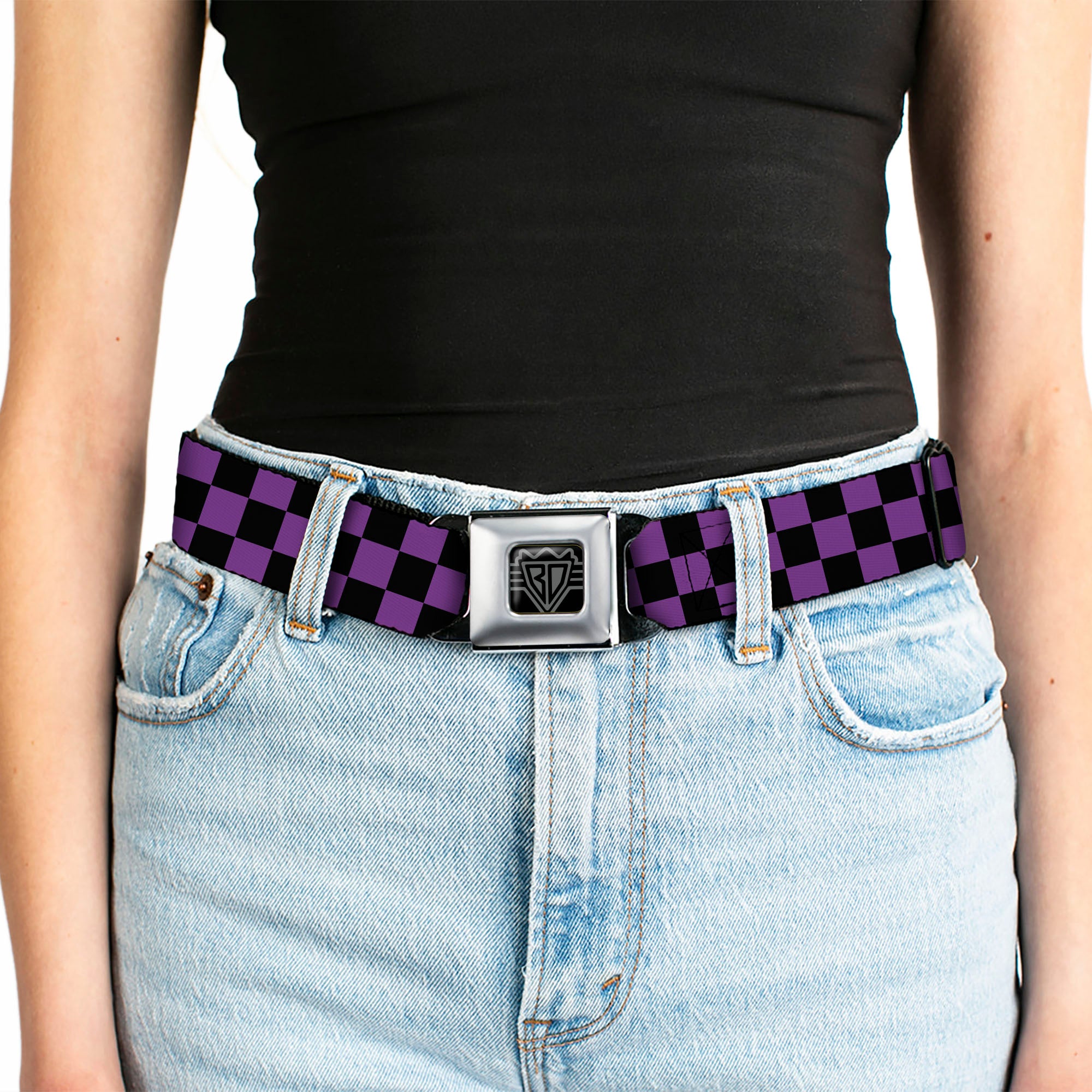 BD Wings Logo CLOSE-UP Full Color Black Silver Seatbelt Belt - Checker Black/Purple Webbing Seatbelt Belts Buckle-Down