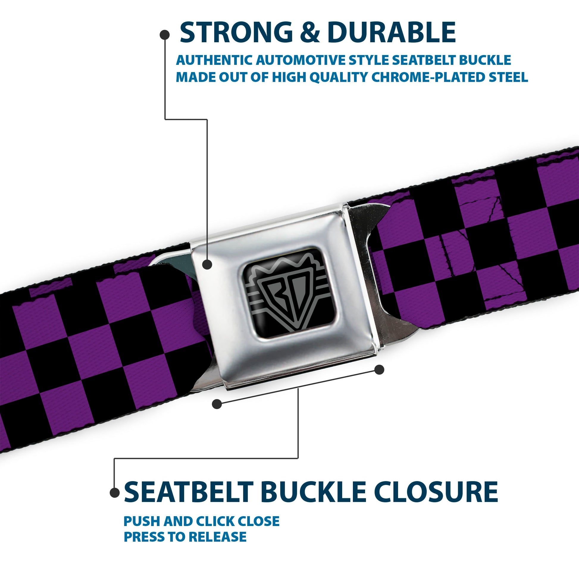 BD Wings Logo CLOSE-UP Full Color Black Silver Seatbelt Belt - Checker Black/Purple Webbing Seatbelt Belts Buckle-Down