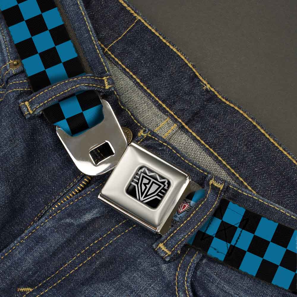 BD Wings Logo CLOSE-UP Full Color Black Silver Seatbelt Belt - Checker Black/Turquoise Webbing Seatbelt Belts Buckle-Down