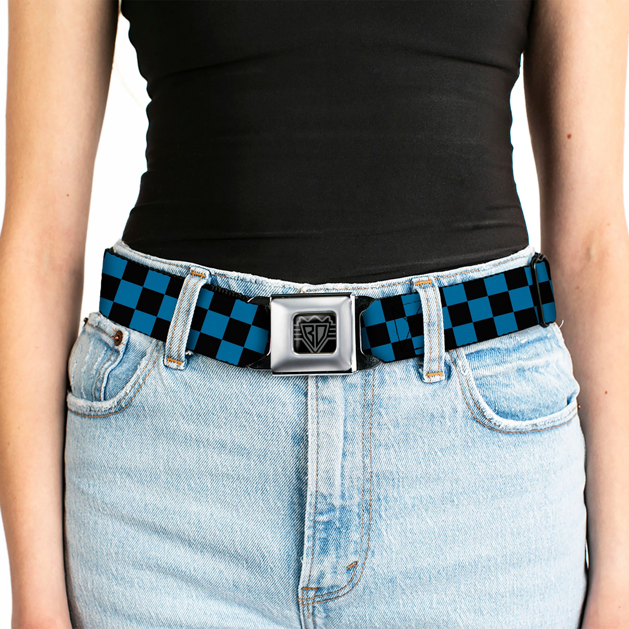 BD Wings Logo CLOSE-UP Full Color Black Silver Seatbelt Belt - Checker Black/Turquoise Webbing Seatbelt Belts Buckle-Down