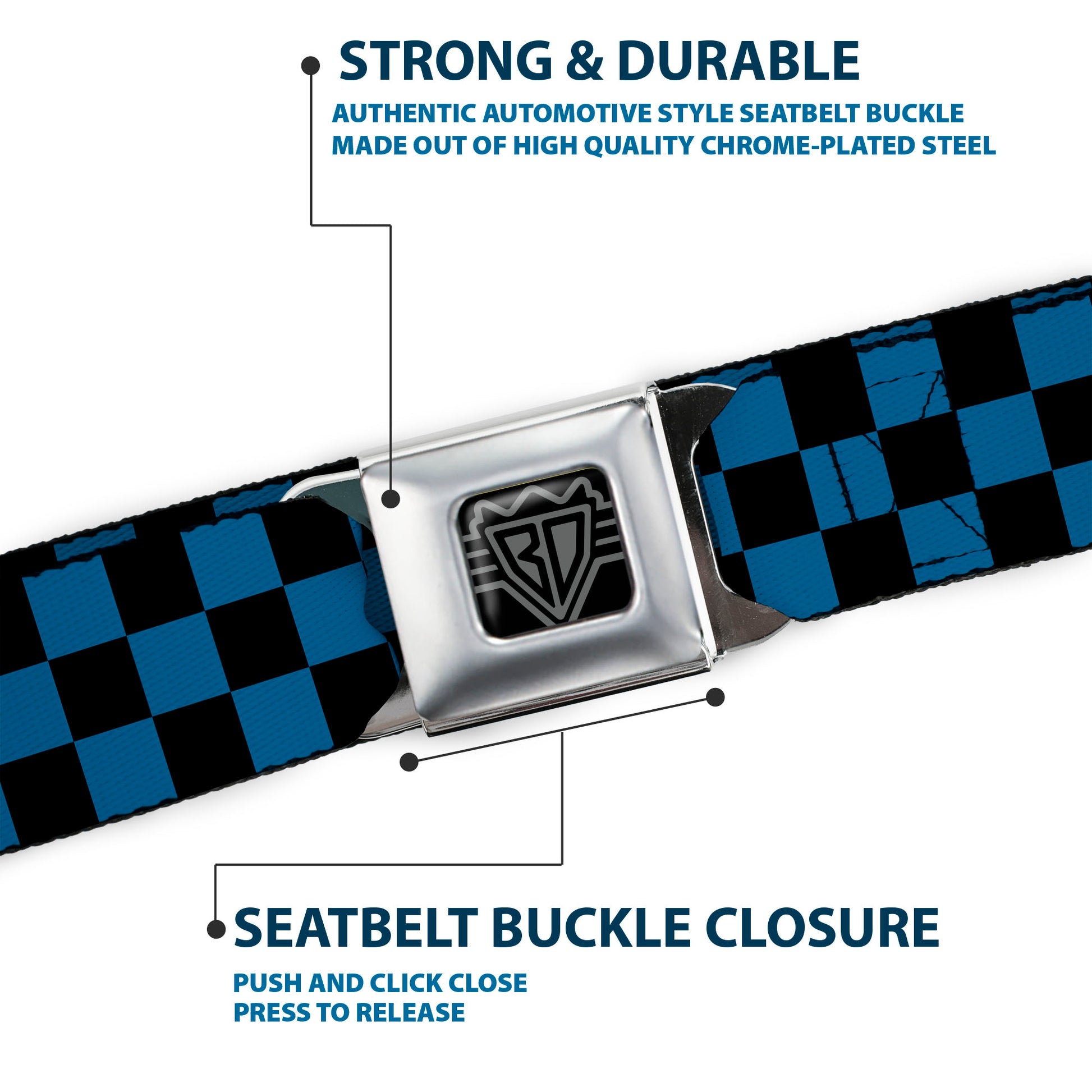BD Wings Logo CLOSE-UP Full Color Black Silver Seatbelt Belt - Checker Black/Turquoise Webbing Seatbelt Belts Buckle-Down