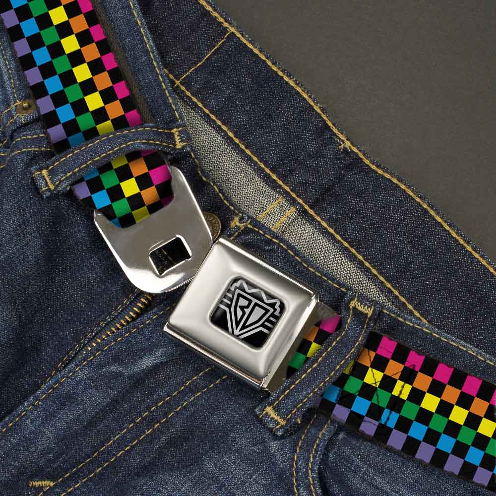 BD Wings Logo CLOSE-UP Full Color Black Silver Seatbelt Belt - Checker Black/Neon Rainbow Webbing Seatbelt Belts Buckle-Down
