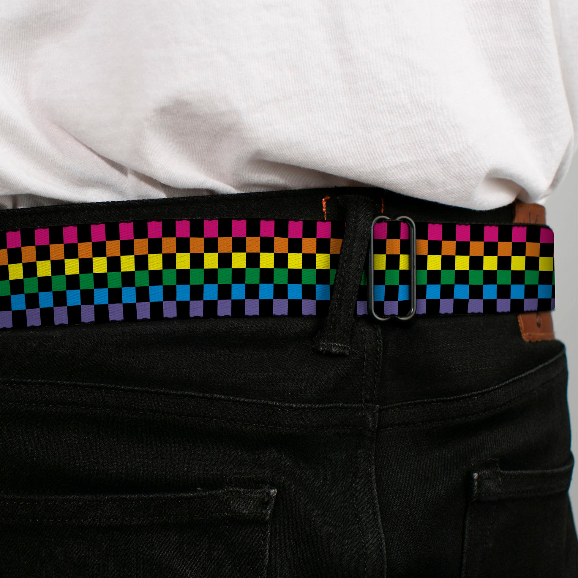 BD Wings Logo CLOSE-UP Full Color Black Silver Seatbelt Belt - Checker Black/Neon Rainbow Webbing Seatbelt Belts Buckle-Down