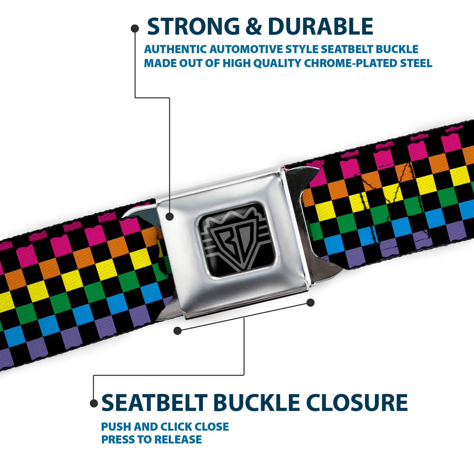 BD Wings Logo CLOSE-UP Full Color Black Silver Seatbelt Belt - Checker Black/Neon Rainbow Webbing Seatbelt Belts Buckle-Down