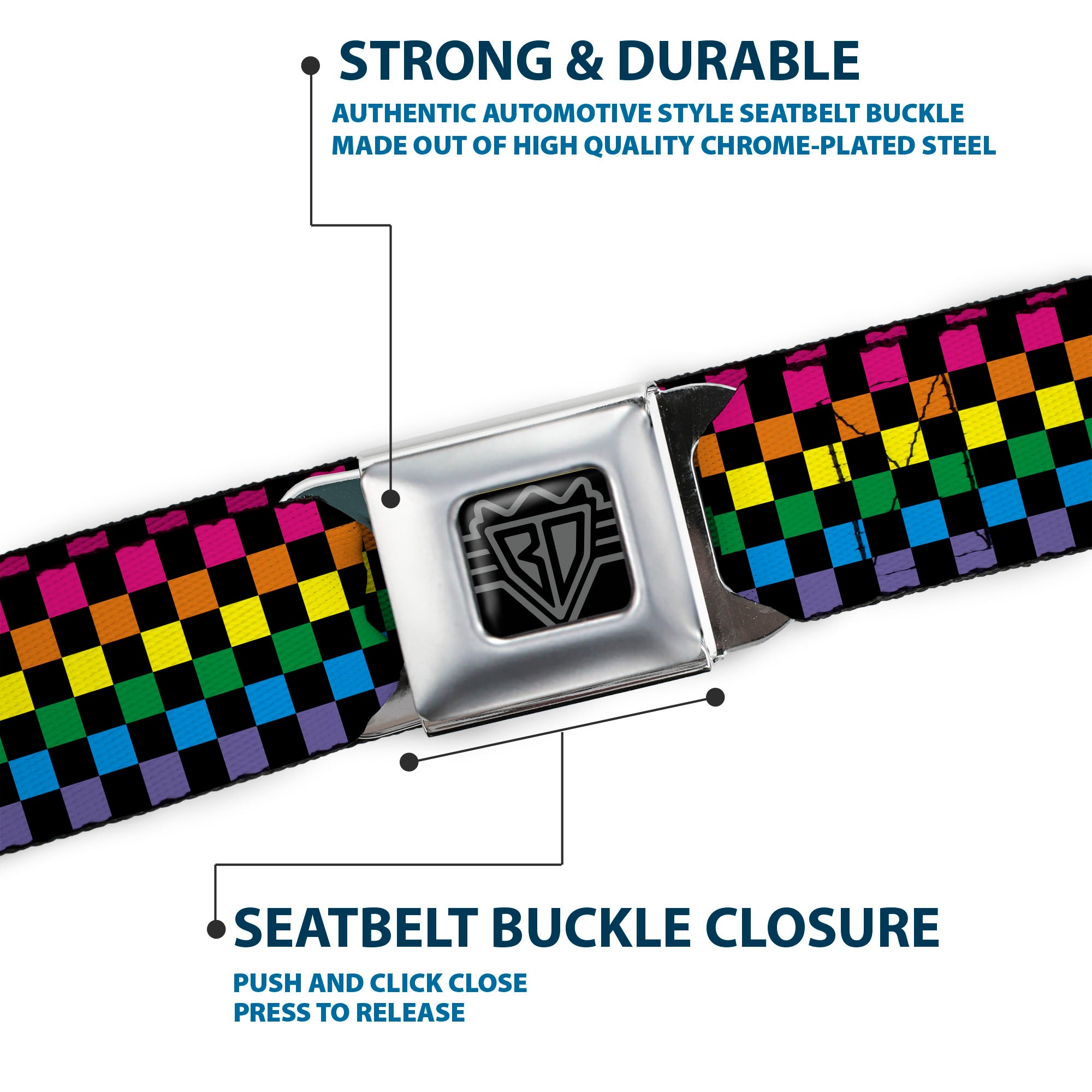 BD Wings Logo CLOSE-UP Full Color Black Silver Seatbelt Belt - Checker Black/Neon Rainbow Webbing Seatbelt Belts Buckle-Down