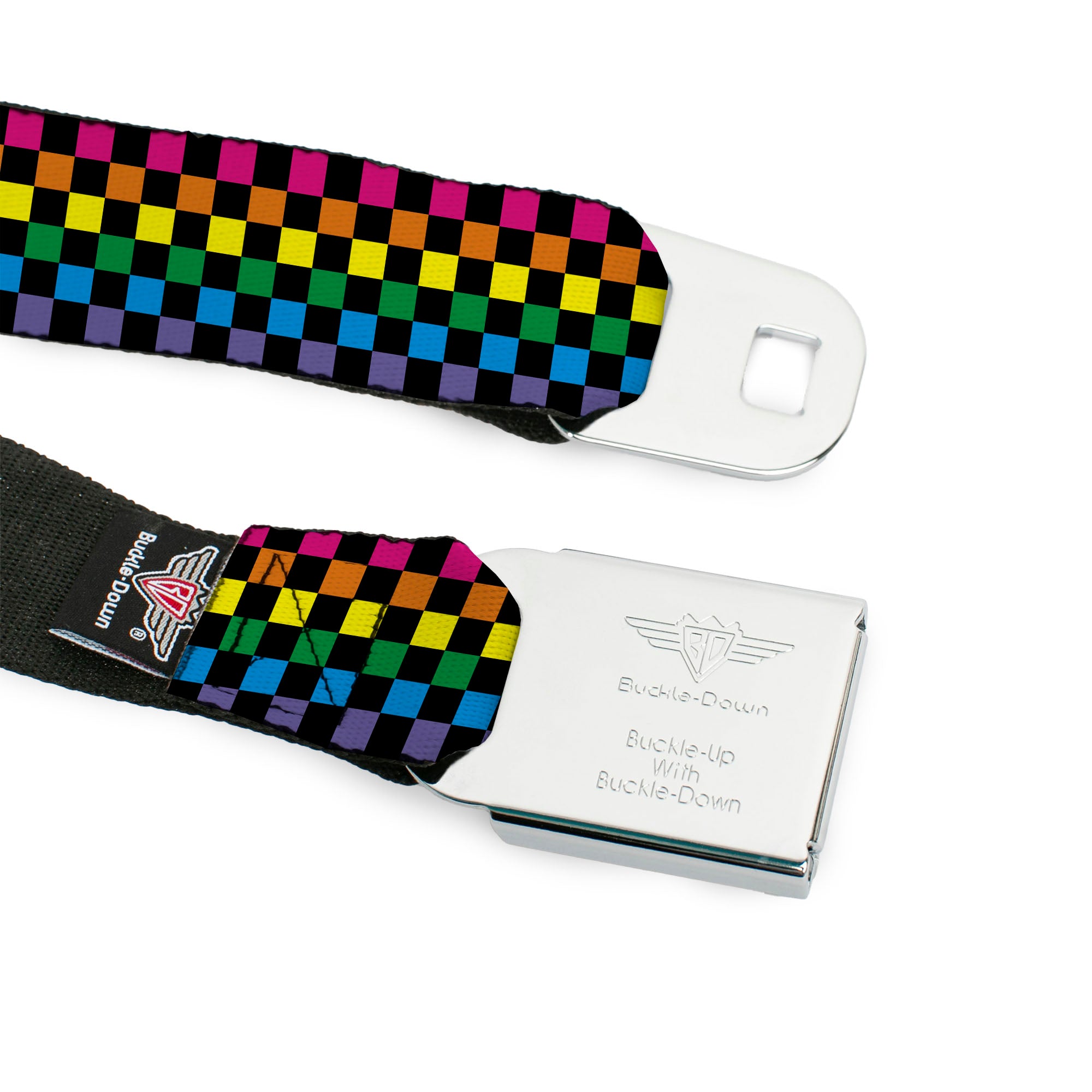 BD Wings Logo CLOSE-UP Full Color Black Silver Seatbelt Belt - Checker Black/Neon Rainbow Webbing Seatbelt Belts Buckle-Down