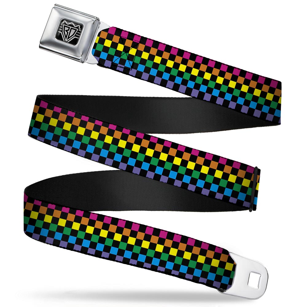 BD Wings Logo CLOSE-UP Full Color Black Silver Seatbelt Belt - Checker Black/Neon Rainbow Webbing Seatbelt Belts Buckle-Down