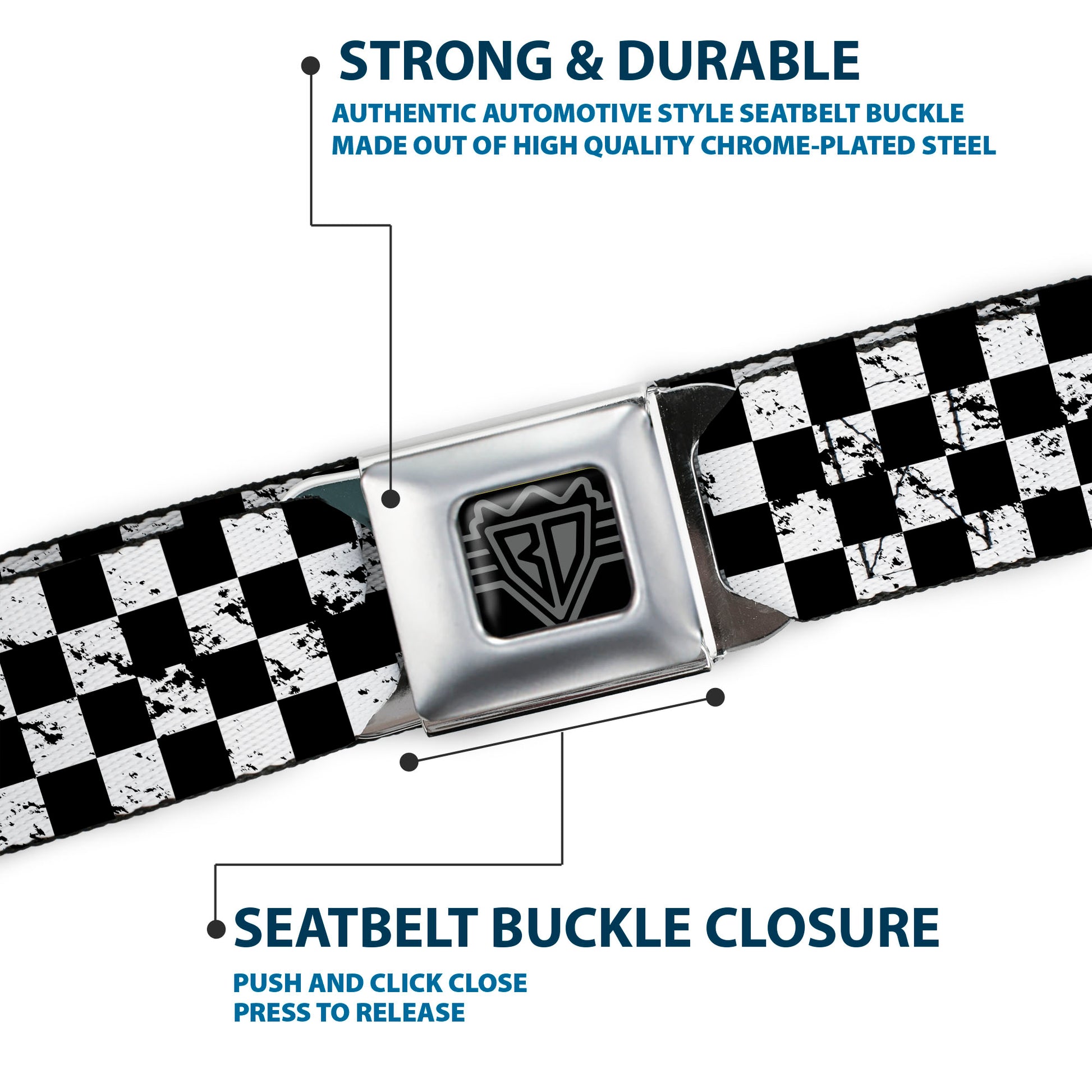 BD Wings Logo CLOSE-UP Full Color Black Silver Seatbelt Belt - Checker Weathered Black/White Webbing Seatbelt Belts Buckle-Down