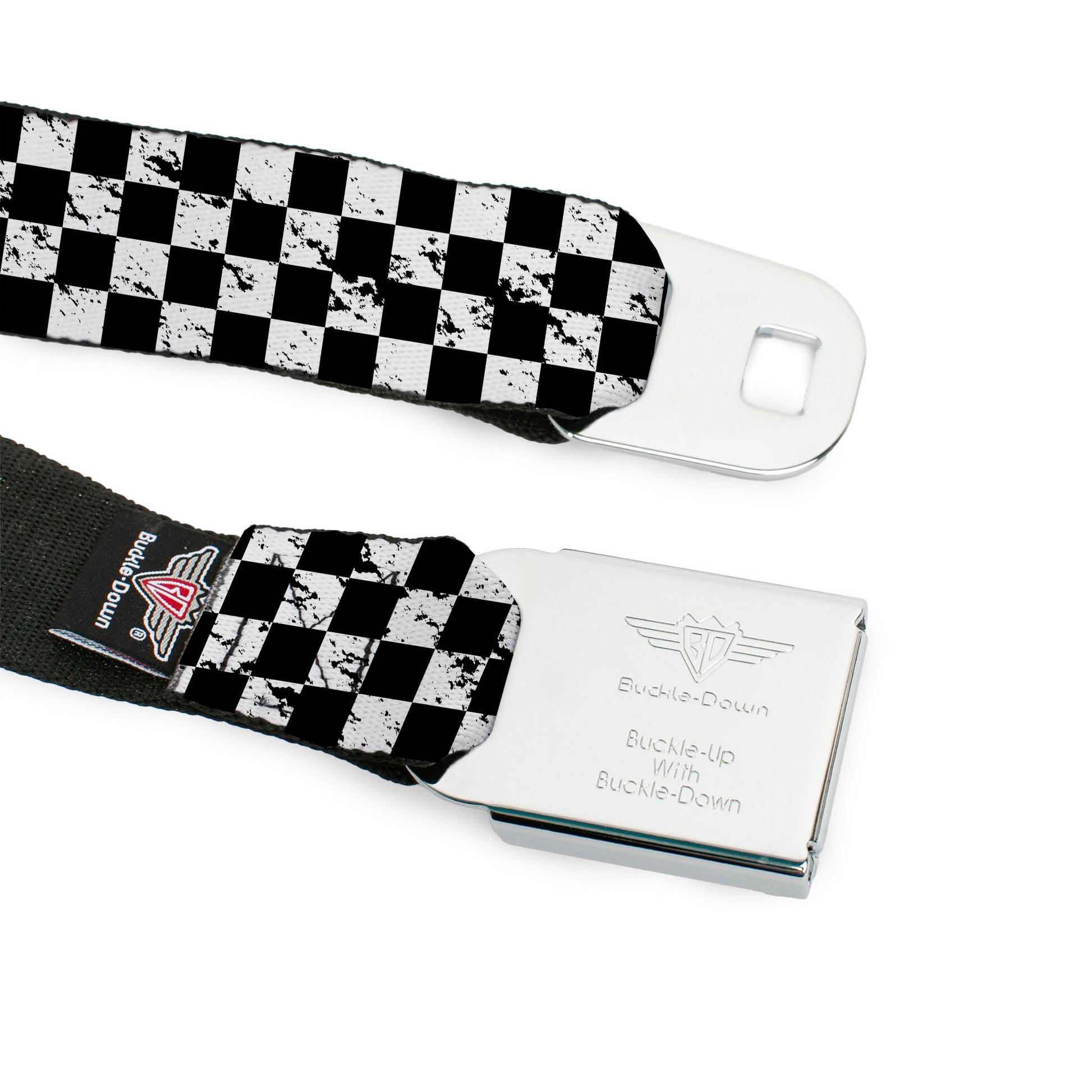 BD Wings Logo CLOSE-UP Full Color Black Silver Seatbelt Belt - Checker Weathered Black/White Webbing Seatbelt Belts Buckle-Down