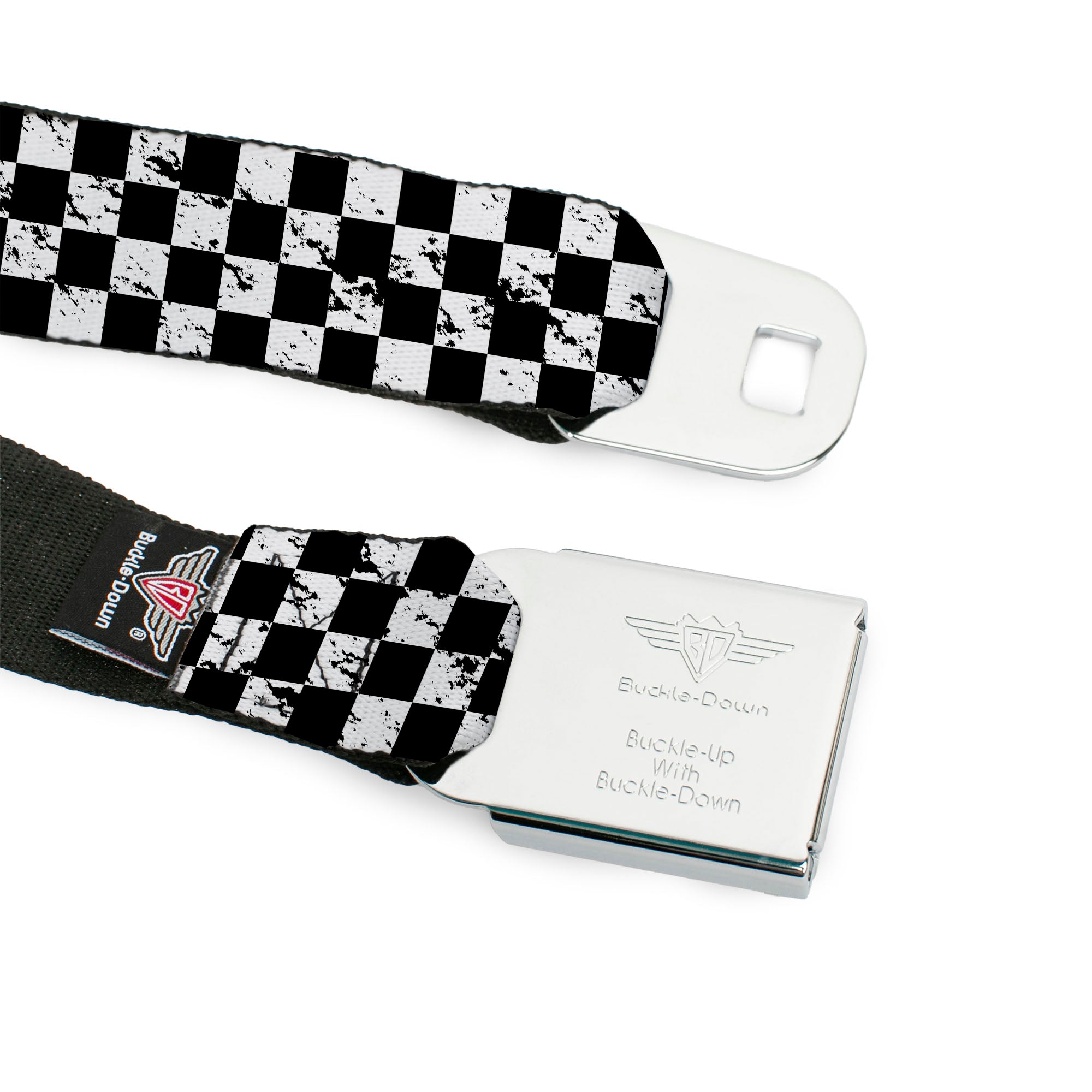 BD Wings Logo CLOSE-UP Full Color Black Silver Seatbelt Belt - Checker Weathered Black/White Webbing Seatbelt Belts Buckle-Down