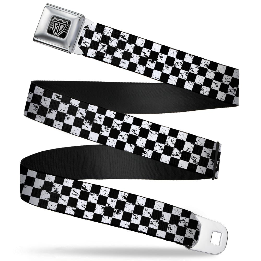BD Wings Logo CLOSE-UP Full Color Black Silver Seatbelt Belt - Checker Weathered Black/White Webbing Seatbelt Belts Buckle-Down