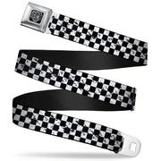 BD Wings Logo CLOSE-UP Full Color Black Silver Seatbelt Belt - Checker Weathered Black/White Webbing Seatbelt Belts Buckle-Down