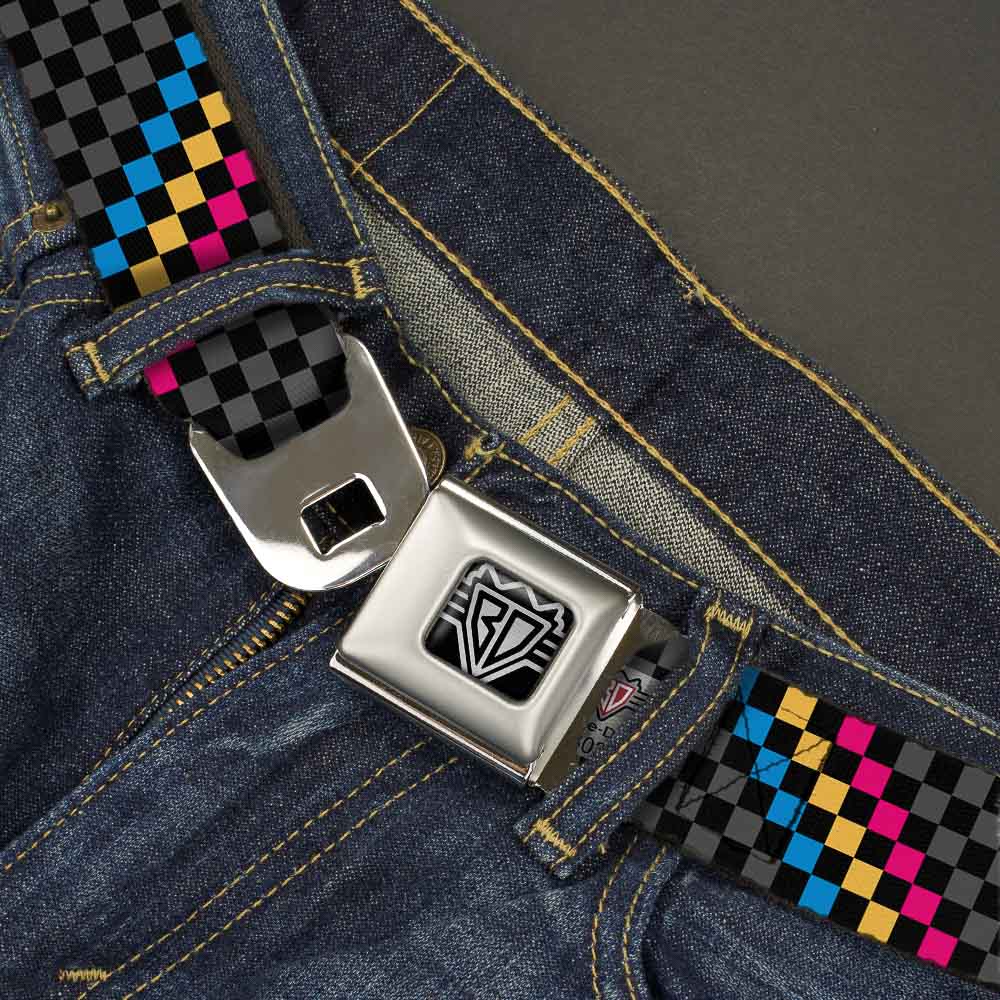 BD Wings Logo CLOSE-UP Full Color Black Silver Seatbelt Belt - Checker Stripe Black/Gray/Blue/Gold/Pink Webbing Seatbelt Belts Buckle-Down