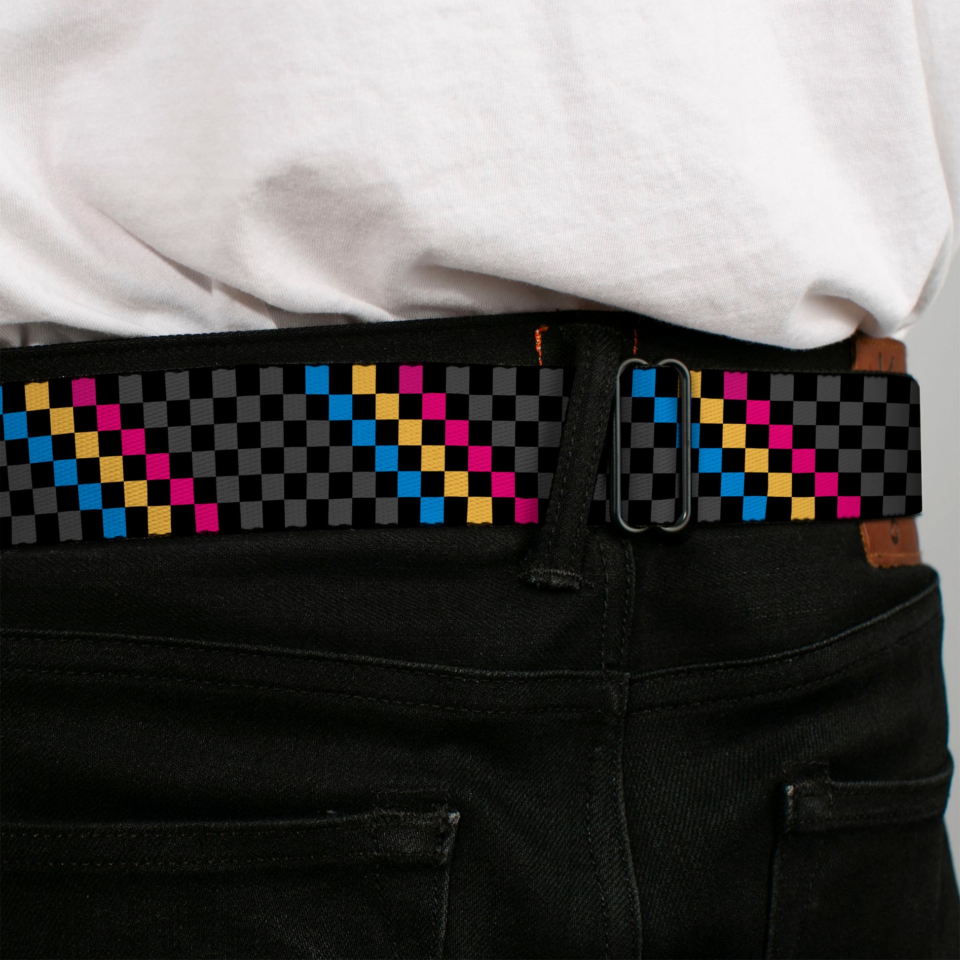 BD Wings Logo CLOSE-UP Full Color Black Silver Seatbelt Belt - Checker Stripe Black/Gray/Blue/Gold/Pink Webbing Seatbelt Belts Buckle-Down
