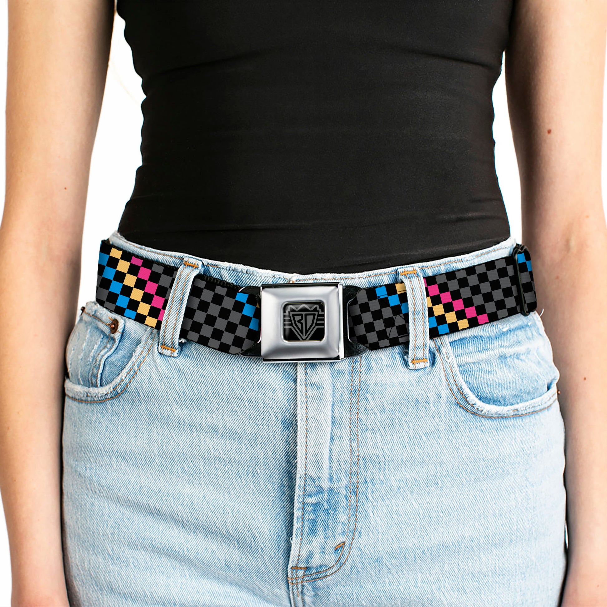 BD Wings Logo CLOSE-UP Full Color Black Silver Seatbelt Belt - Checker Stripe Black/Gray/Blue/Gold/Pink Webbing Seatbelt Belts Buckle-Down