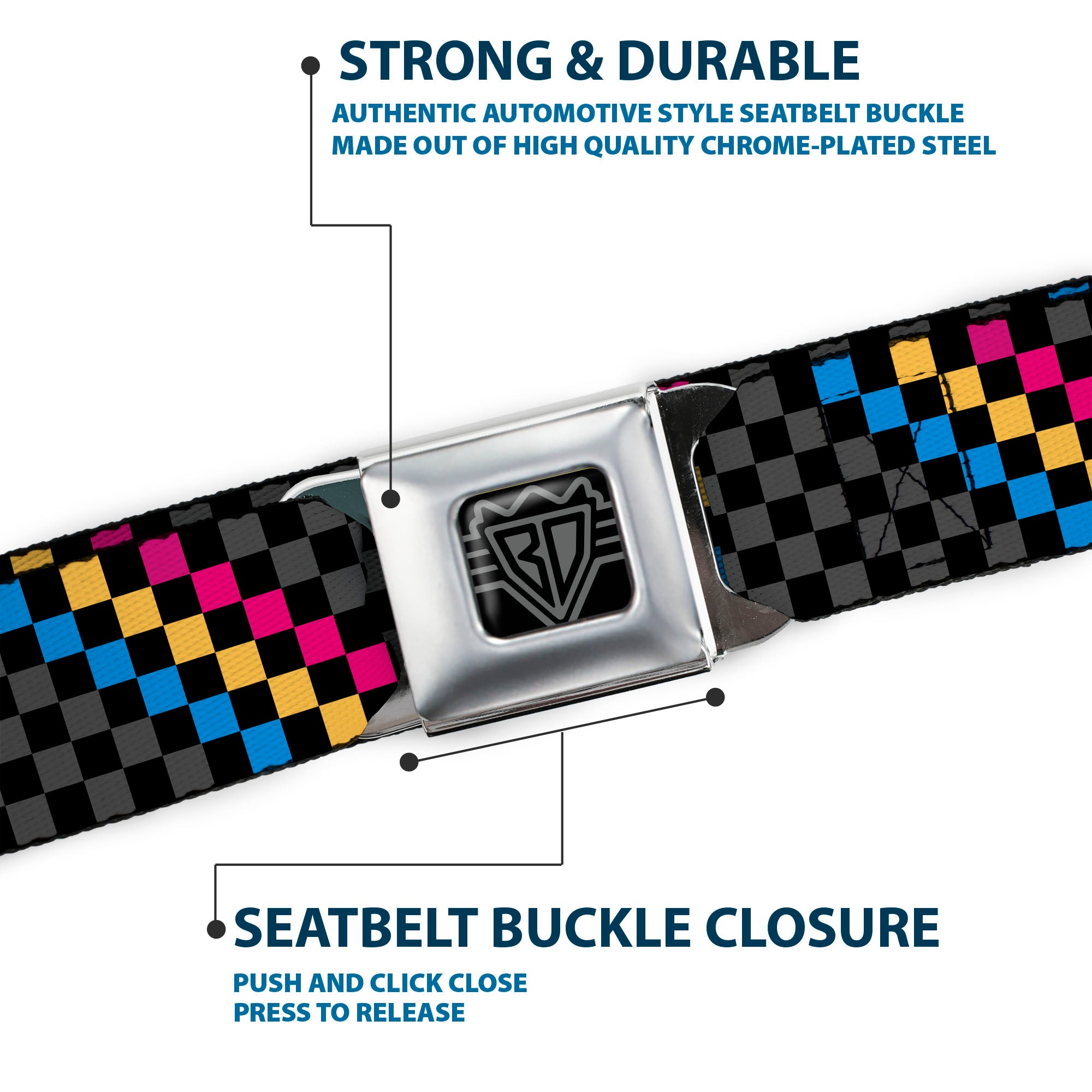 BD Wings Logo CLOSE-UP Full Color Black Silver Seatbelt Belt - Checker Stripe Black/Gray/Blue/Gold/Pink Webbing Seatbelt Belts Buckle-Down