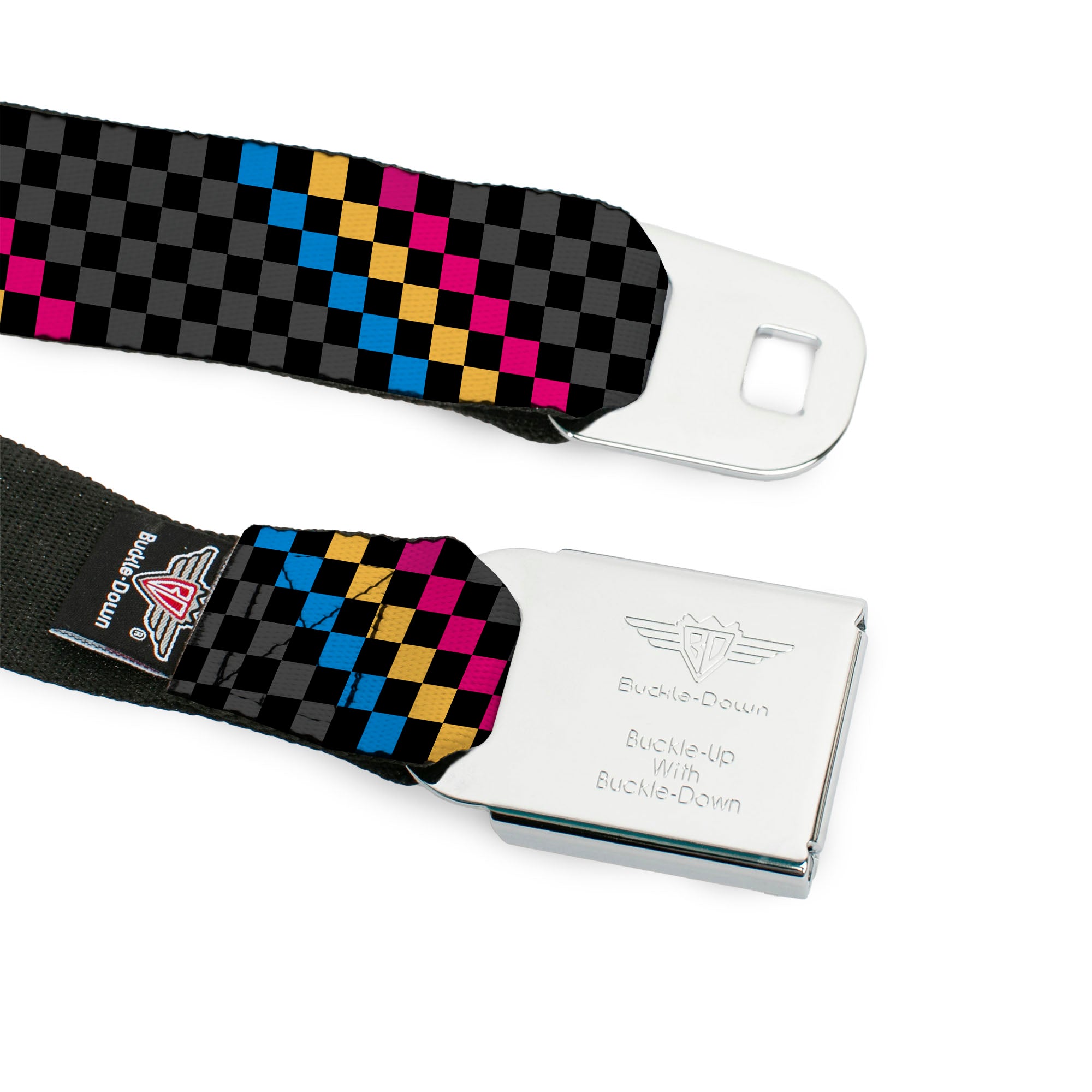 BD Wings Logo CLOSE-UP Full Color Black Silver Seatbelt Belt - Checker Stripe Black/Gray/Blue/Gold/Pink Webbing Seatbelt Belts Buckle-Down