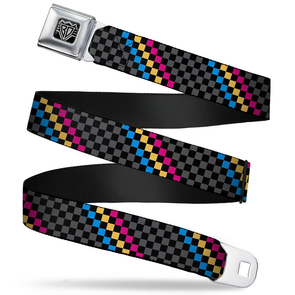 BD Wings Logo CLOSE-UP Full Color Black Silver Seatbelt Belt - Checker Stripe Black/Gray/Blue/Gold/Pink Webbing Seatbelt Belts Buckle-Down