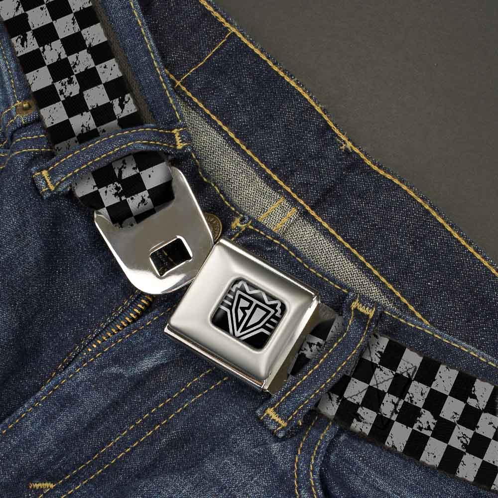 BD Wings Logo CLOSE-UP Full Color Black Silver Seatbelt Belt - Checker Weathered Black/Gray Webbing Seatbelt Belts Buckle-Down