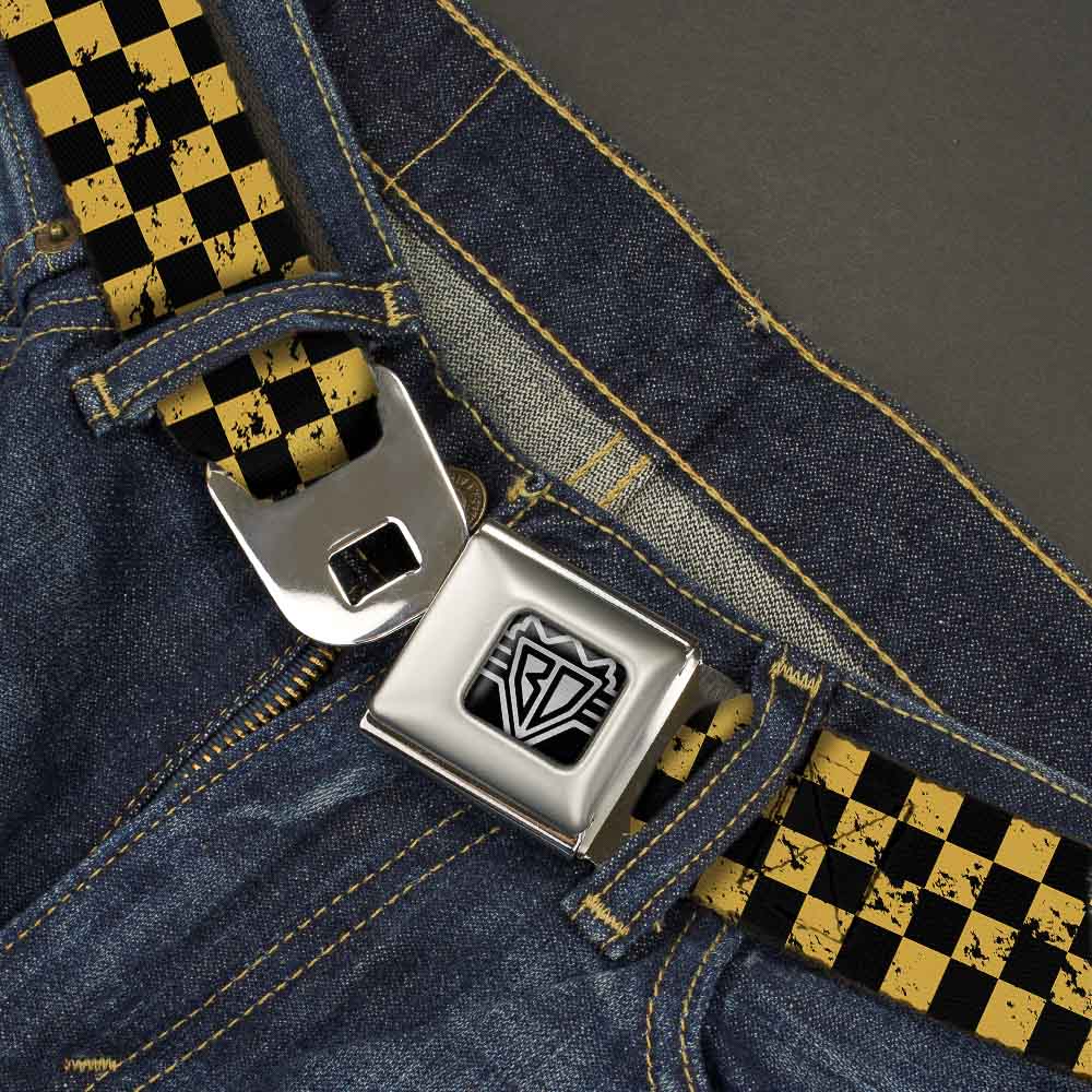 BD Wings Logo CLOSE-UP Full Color Black Silver Seatbelt Belt - Checker Weathered Black/Yellow Webbing Seatbelt Belts Buckle-Down