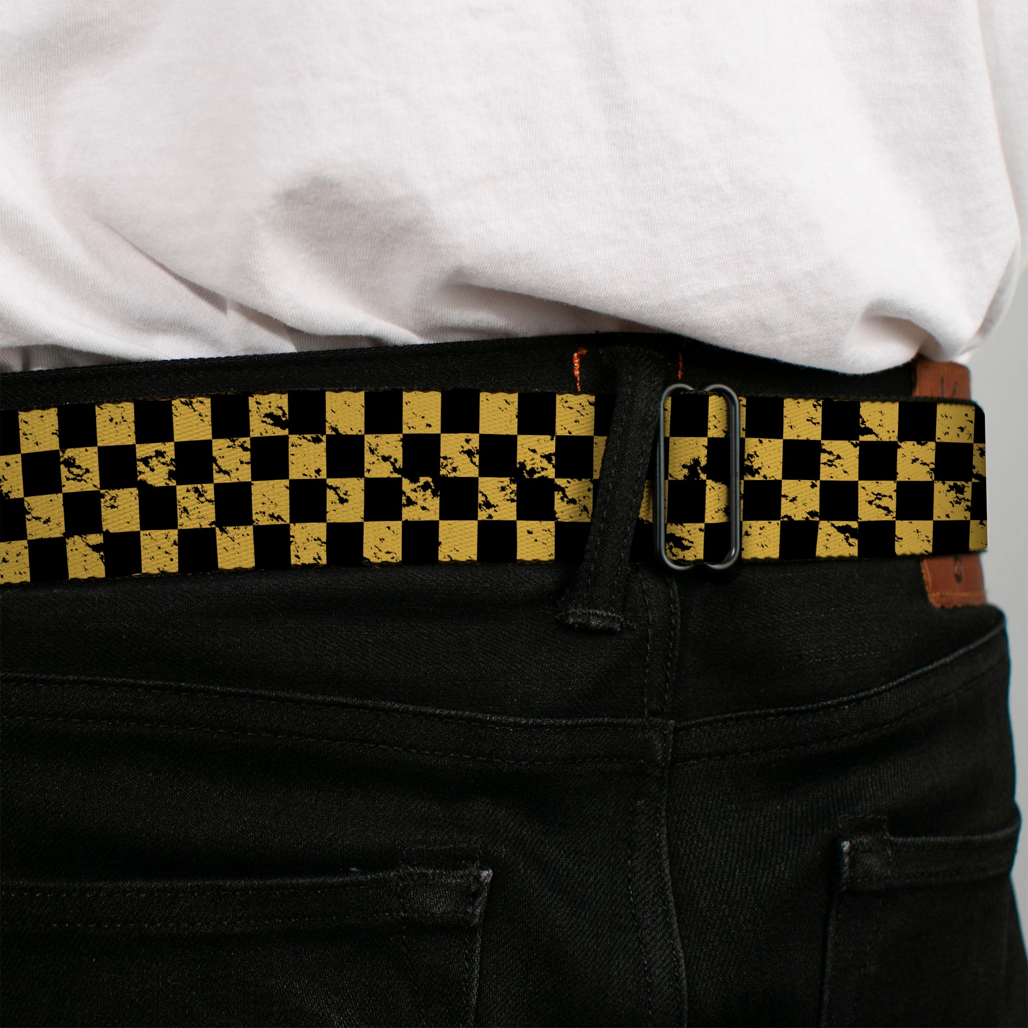 BD Wings Logo CLOSE-UP Full Color Black Silver Seatbelt Belt - Checker Weathered Black/Yellow Webbing Seatbelt Belts Buckle-Down