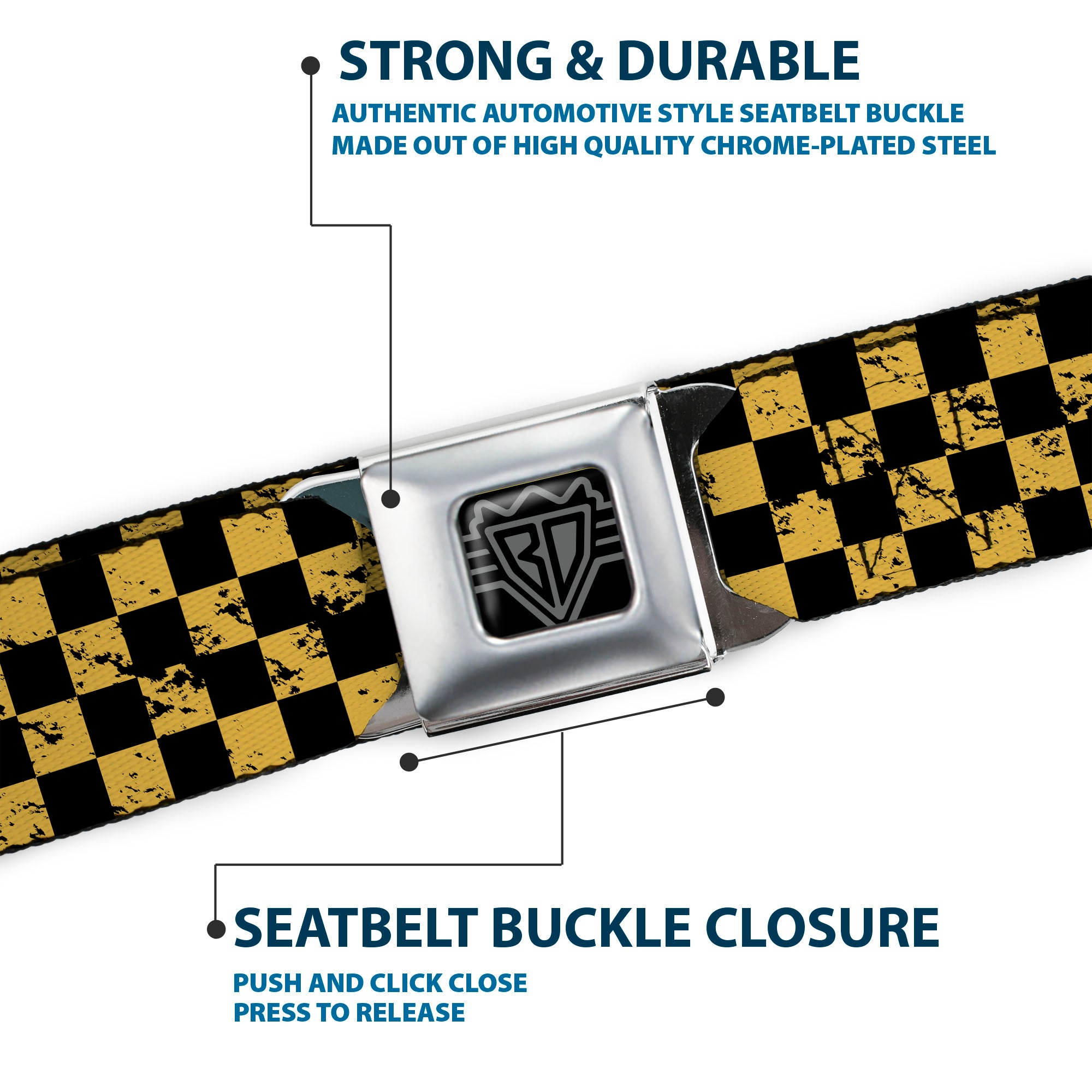 BD Wings Logo CLOSE-UP Full Color Black Silver Seatbelt Belt - Checker Weathered Black/Yellow Webbing Seatbelt Belts Buckle-Down