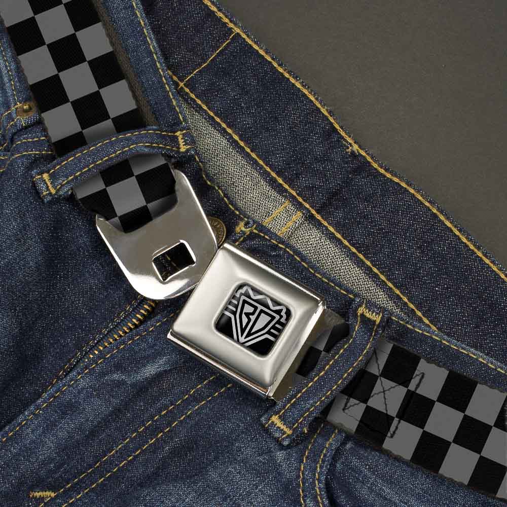 BD Wings Logo CLOSE-UP Full Color Black Silver Seatbelt Belt - Checker Black/Gray Webbing Seatbelt Belts Buckle-Down