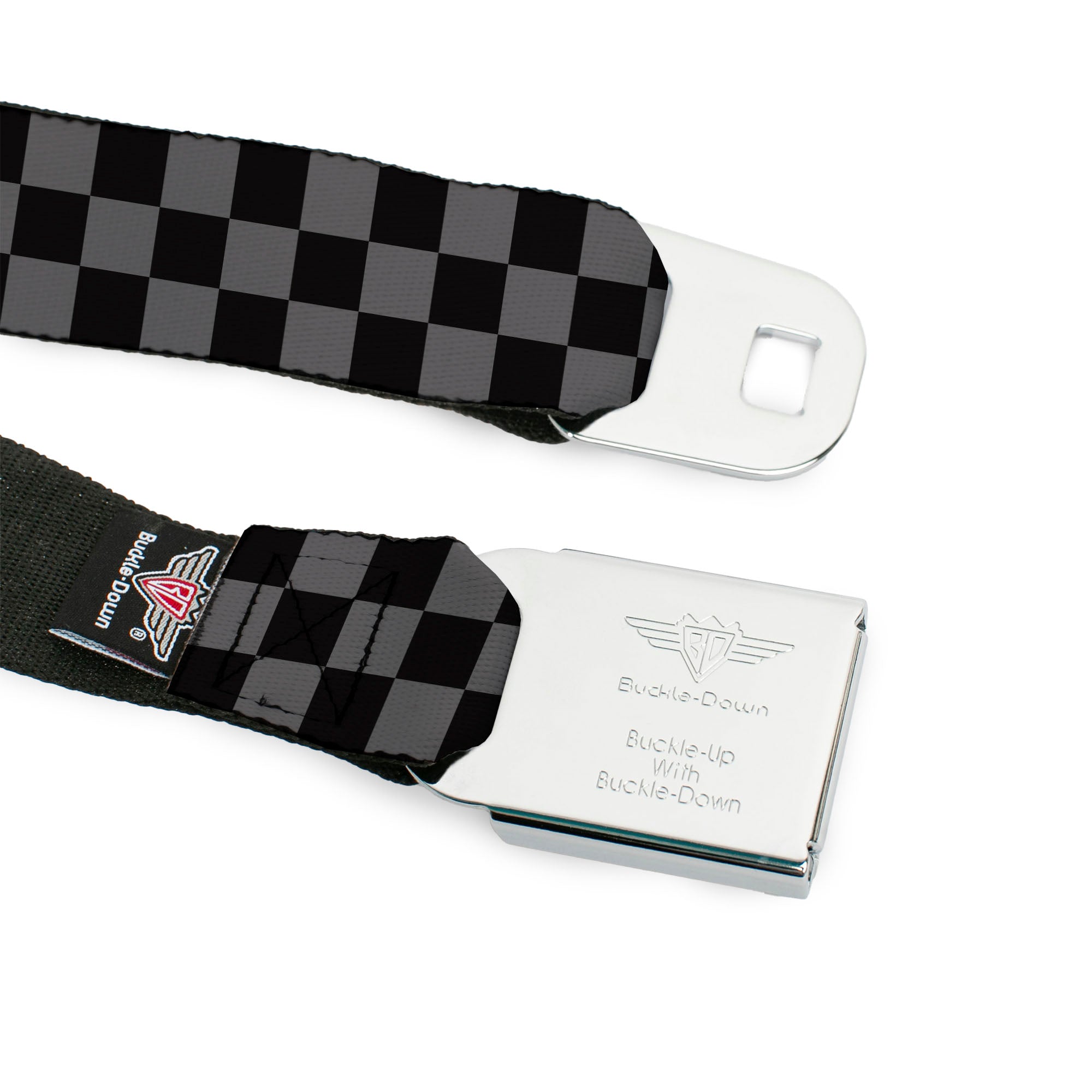 BD Wings Logo CLOSE-UP Full Color Black Silver Seatbelt Belt - Checker Black/Gray Webbing Seatbelt Belts Buckle-Down