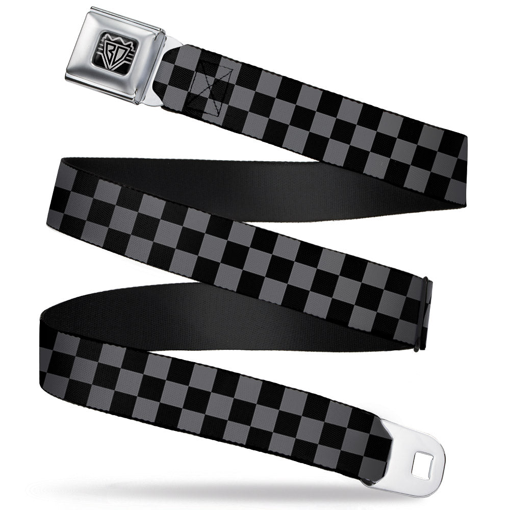 BD Wings Logo CLOSE-UP Full Color Black Silver Seatbelt Belt - Checker Black/Gray Webbing Seatbelt Belts Buckle-Down