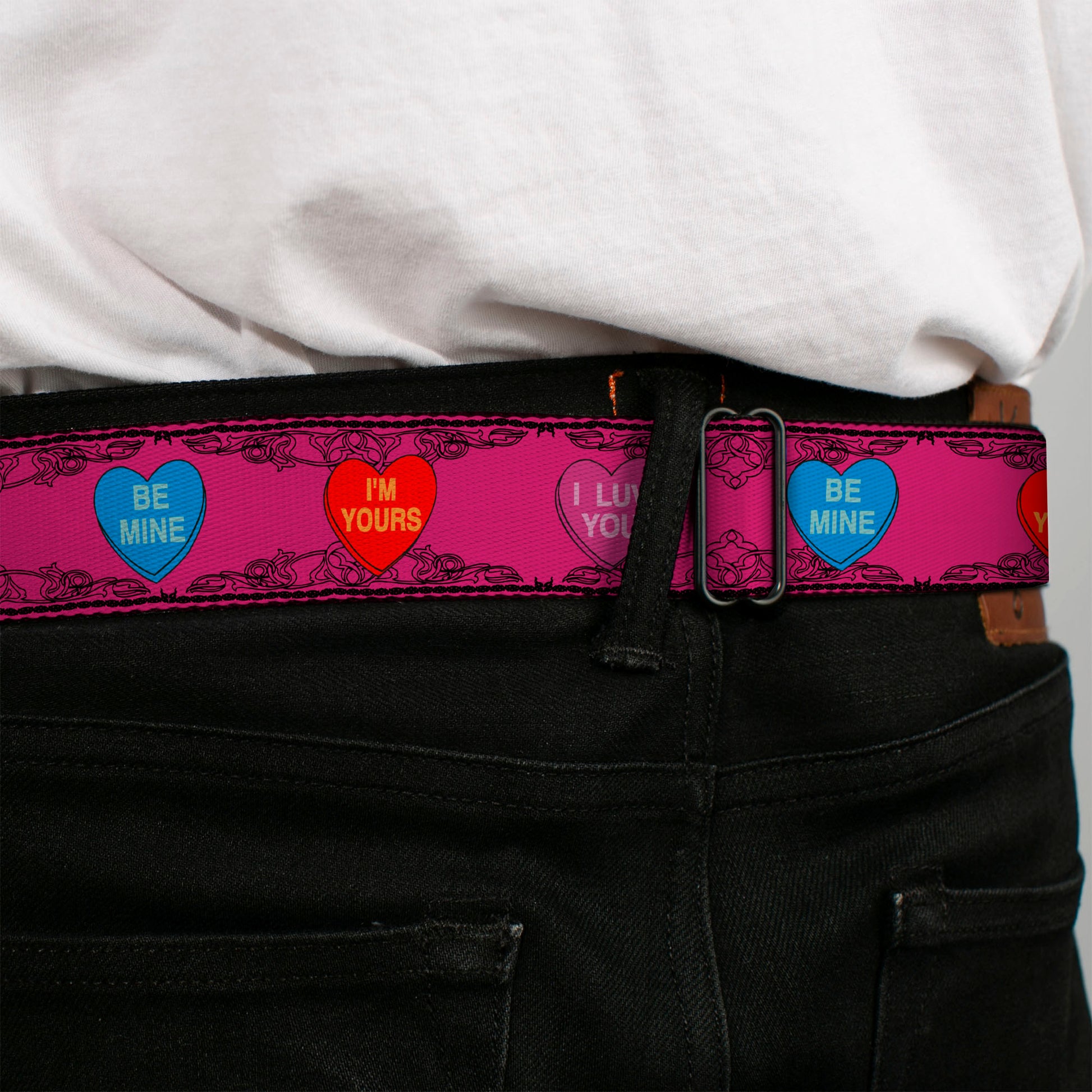 BD Wings Logo CLOSE-UP Full Color Black Silver Seatbelt Belt - Candy Hearts Webbing Seatbelt Belts Buckle-Down