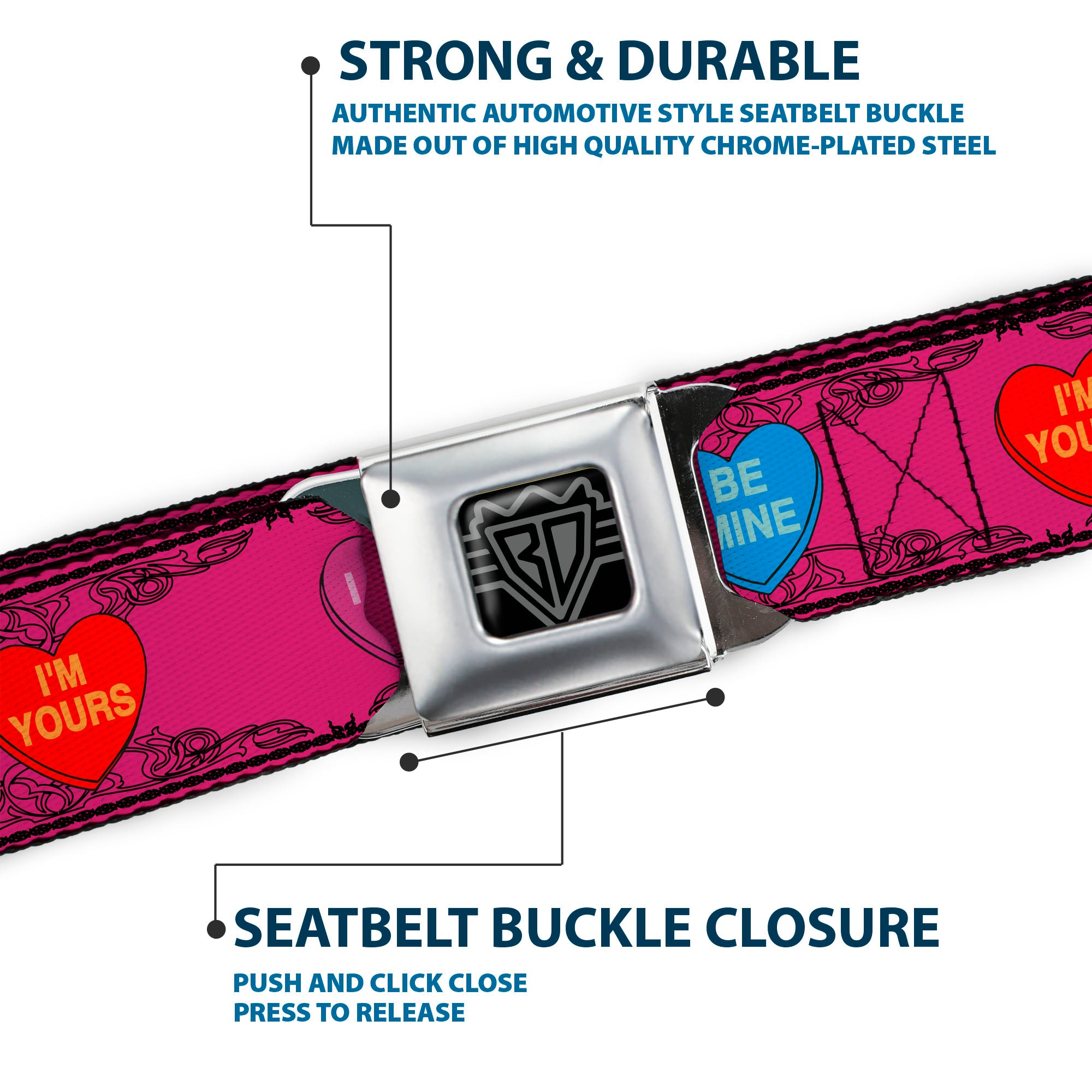 BD Wings Logo CLOSE-UP Full Color Black Silver Seatbelt Belt - Candy Hearts Webbing Seatbelt Belts Buckle-Down