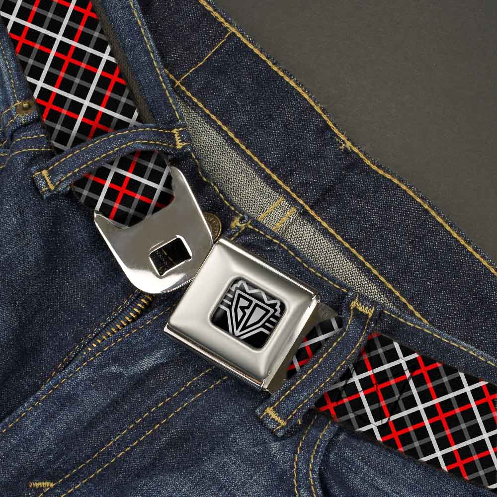 BD Wings Logo CLOSE-UP Full Color Black Silver Seatbelt Belt - Criss Cross Plaid Black/Gray/Red Webbing Seatbelt Belts Buckle-Down