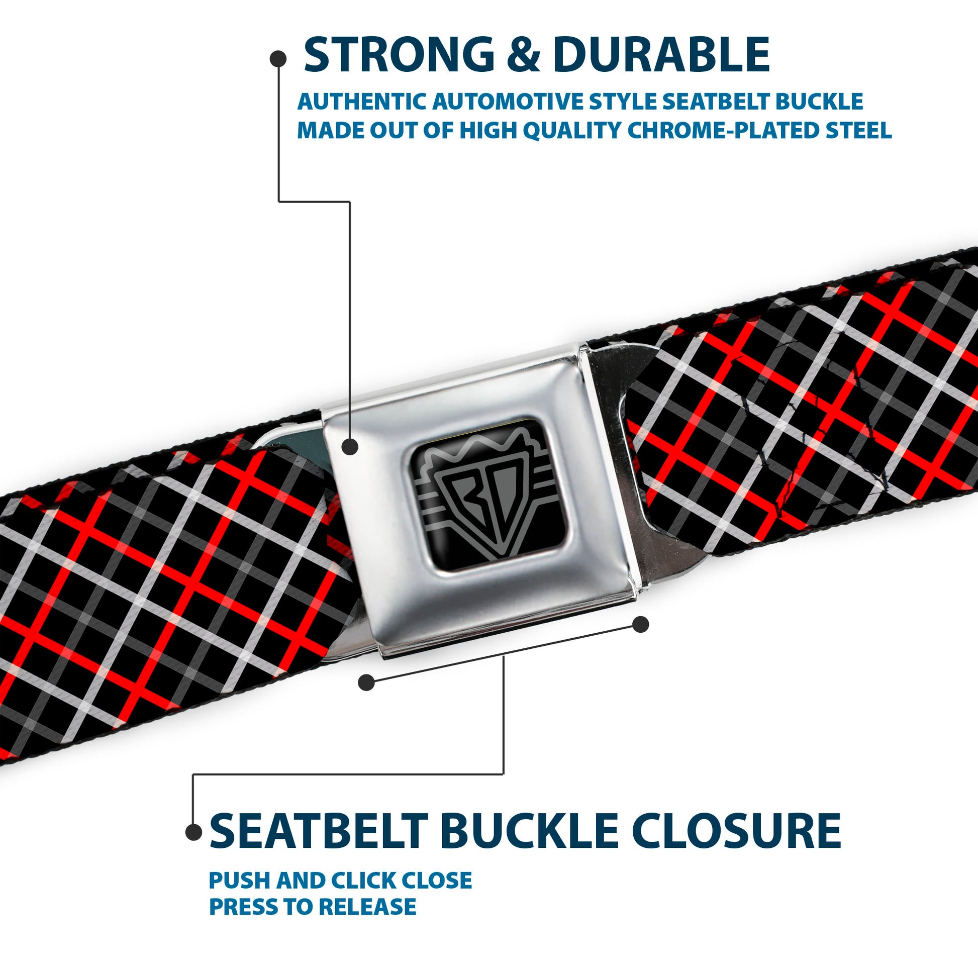 BD Wings Logo CLOSE-UP Full Color Black Silver Seatbelt Belt - Criss Cross Plaid Black/Gray/Red Webbing Seatbelt Belts Buckle-Down