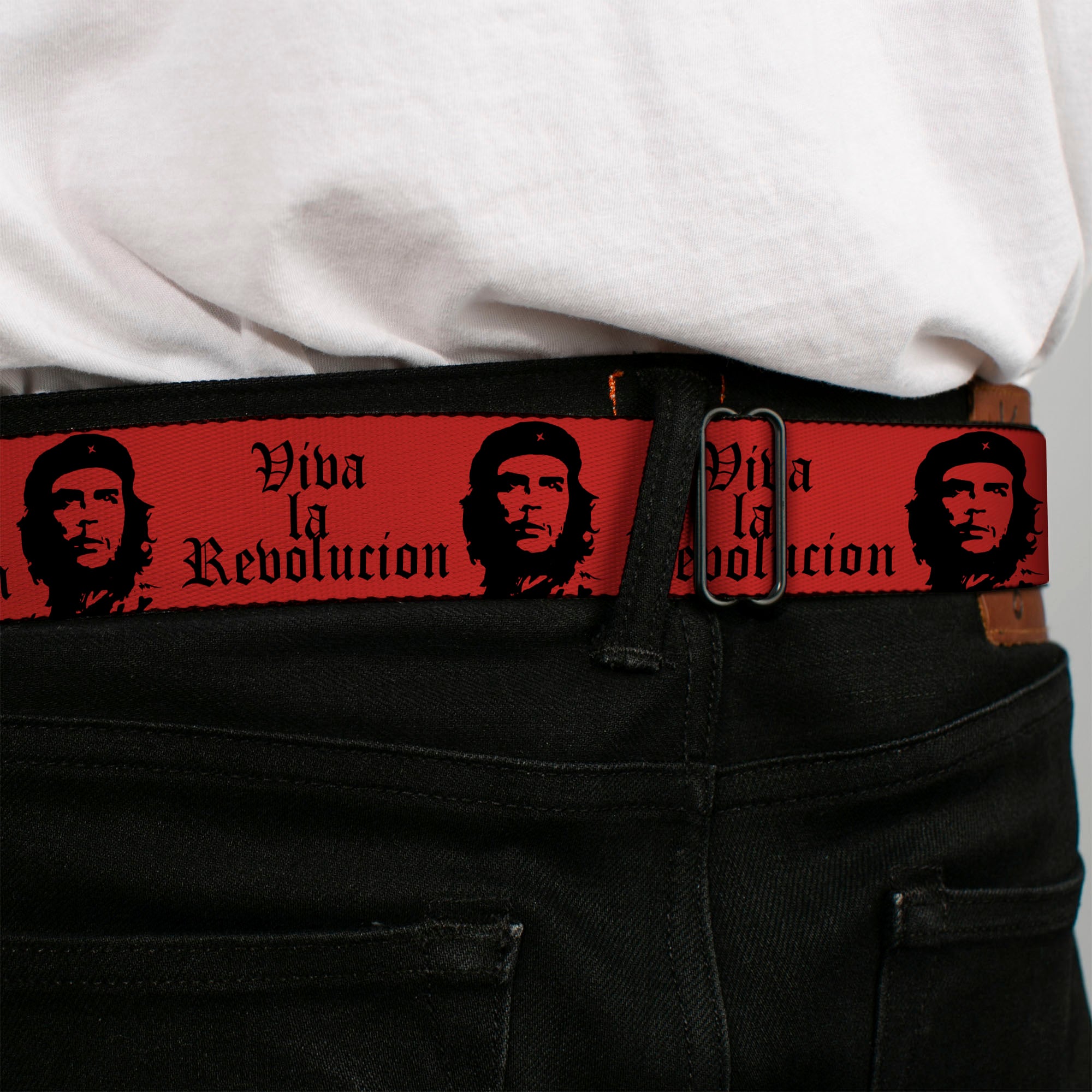 BD Wings Logo CLOSE-UP Full Color Black Silver Seatbelt Belt - Che Red/Black Webbing Seatbelt Belts Buckle-Down