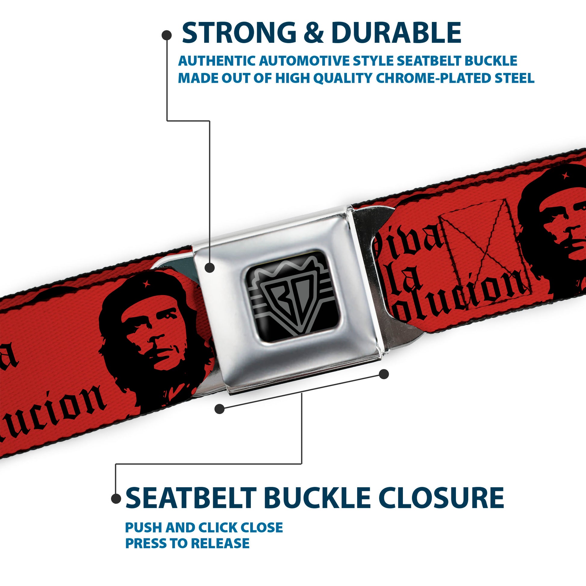 BD Wings Logo CLOSE-UP Full Color Black Silver Seatbelt Belt - Che Red/Black Webbing Seatbelt Belts Buckle-Down